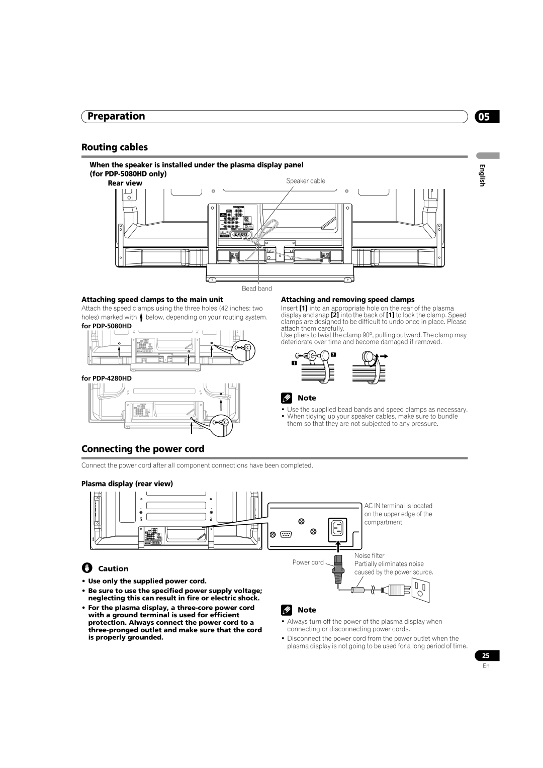 Pioneer PDP-5080HD Routing cables, Connecting the power cord, Attaching speed clamps to the main unit 