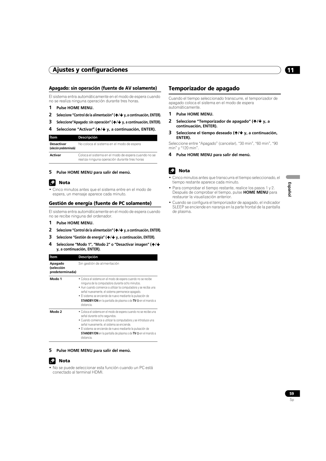 Pioneer PDP-5080HD operating instructions Temporizador de apagado, Apagado sin operación fuente de AV solamente 