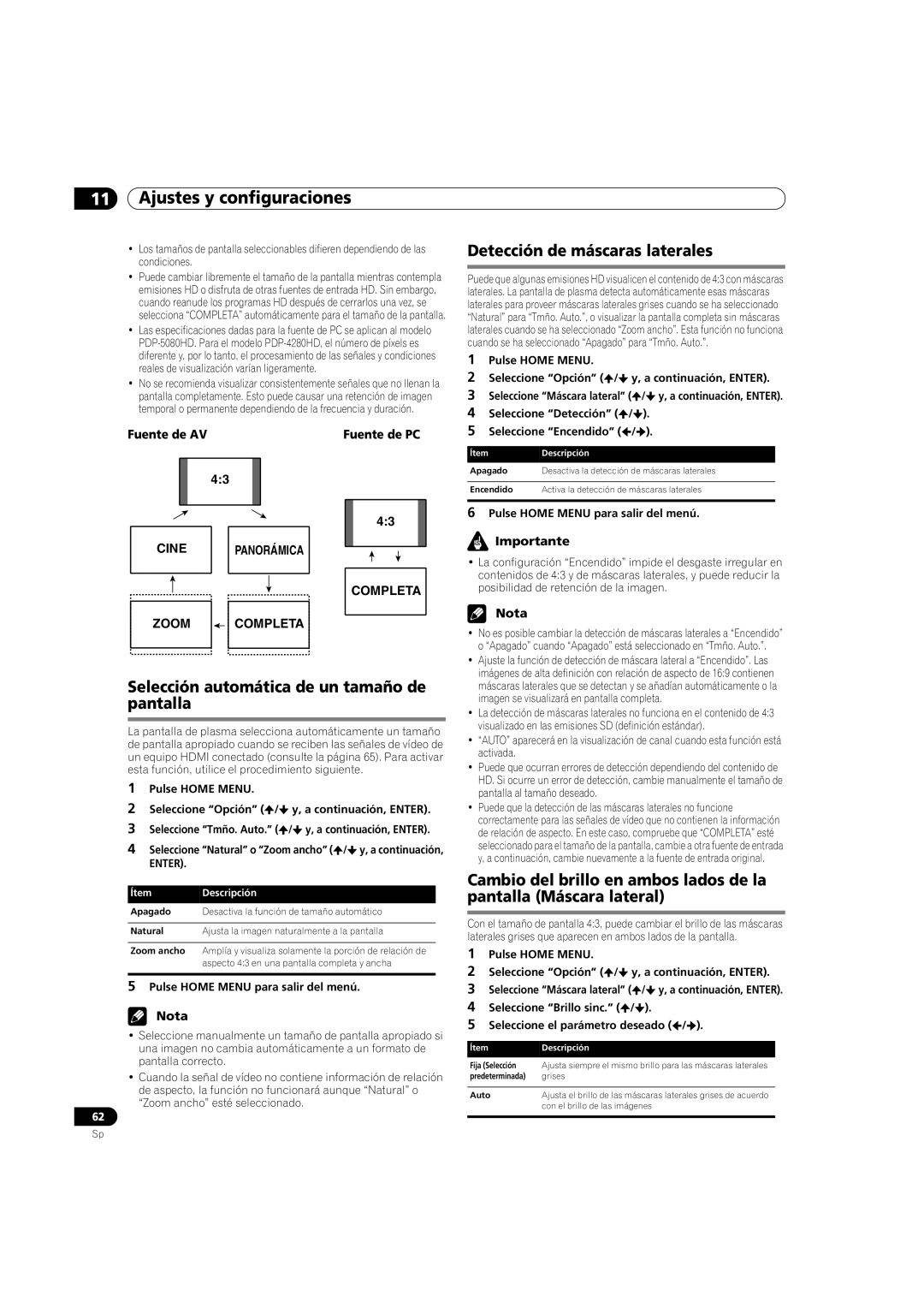 Pioneer PDP-5080HD Selección automática de un tamaño de pantalla, Detección de máscaras laterales, Importante 