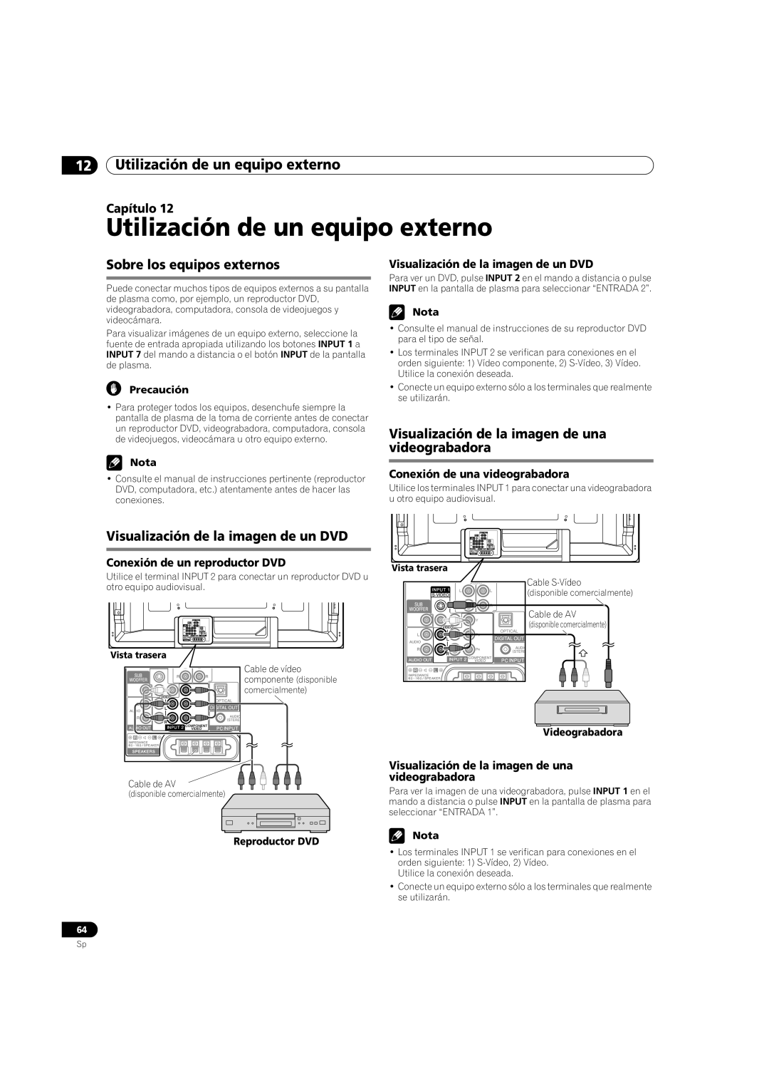 Pioneer PDP-5080HD Utilización de un equipo externo, Sobre los equipos externos, Visualización de la imagen de un DVD 