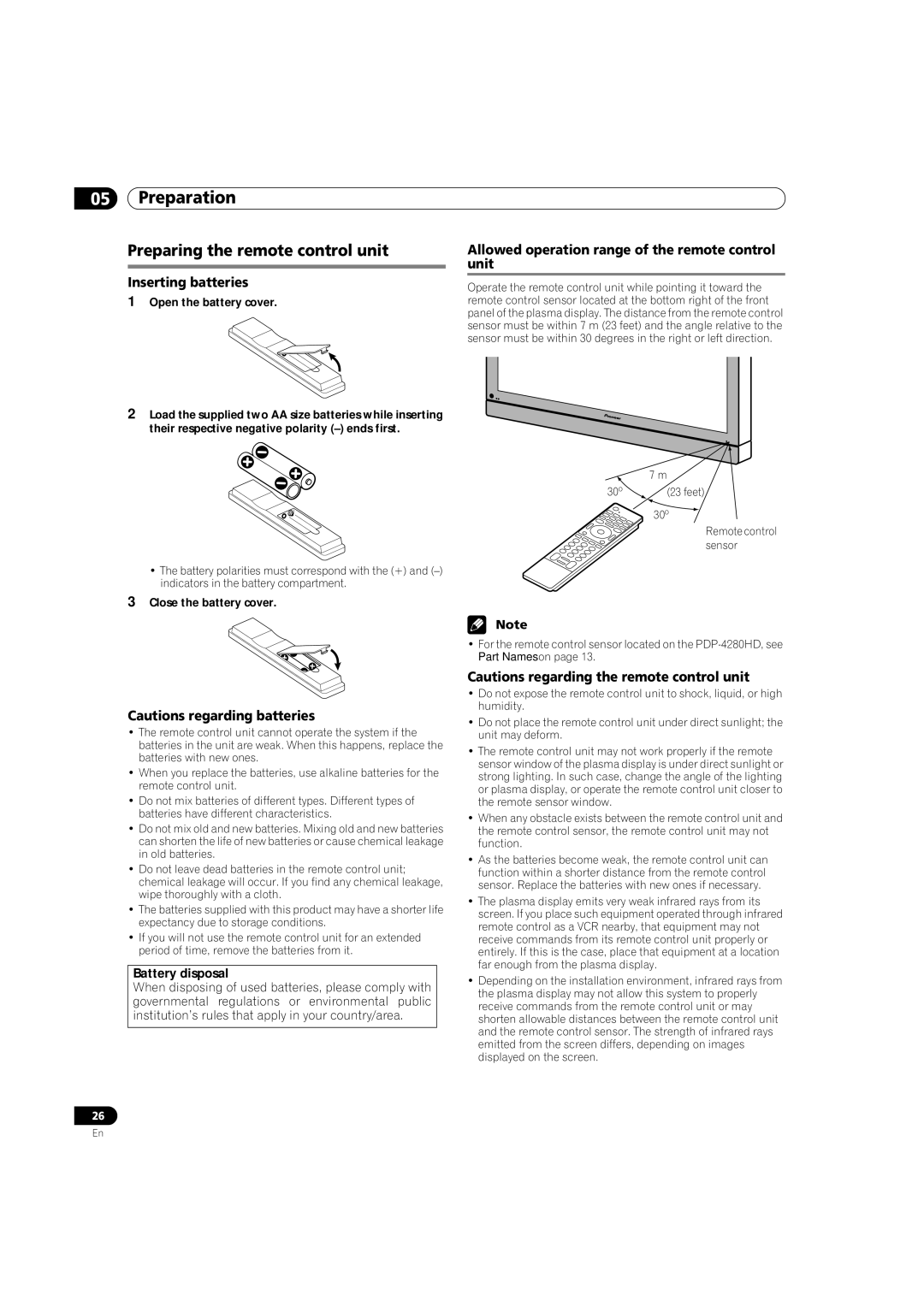 Pioneer PDP-5080HD Preparing the remote control unit, Inserting batteries, Battery disposal, Close the battery cover 