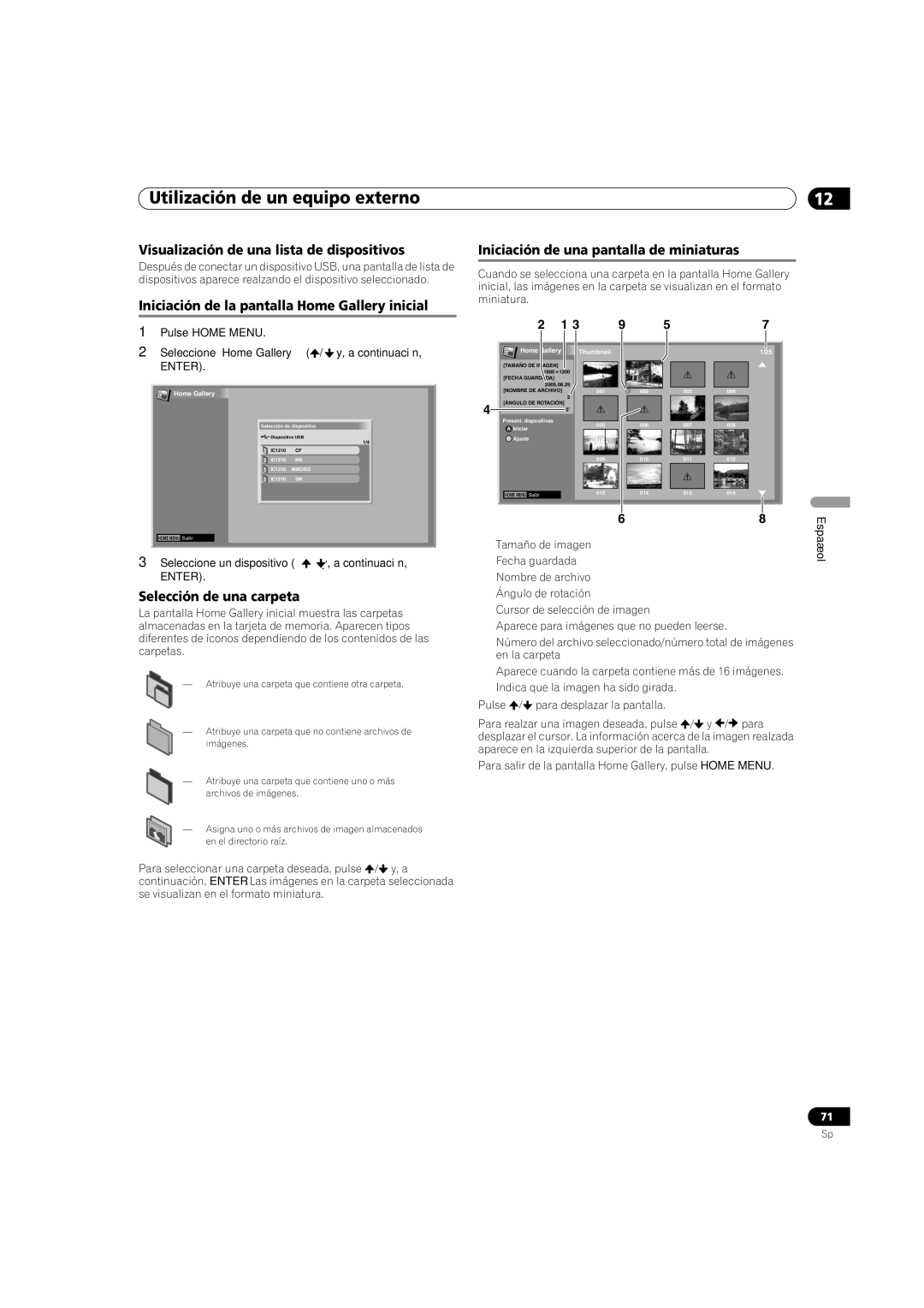 Pioneer PDP-5080HD Visualización de una lista de dispositivos, Iniciación de la pantalla Home Gallery inicial 