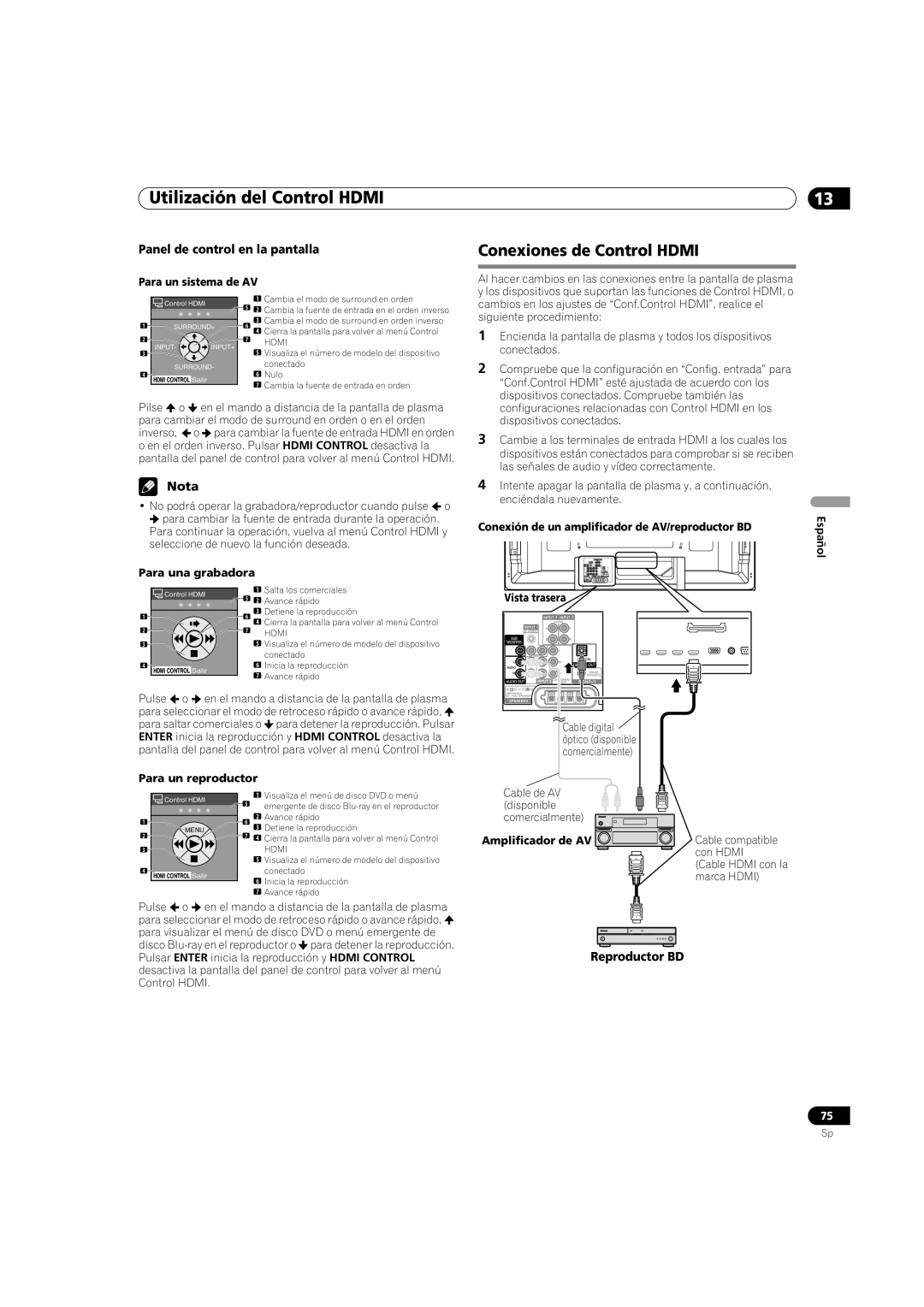 Pioneer PDP-5080HD Conexiones de Control Hdmi, Reproductor BD, Para un reproductor, Amplificador de AV 