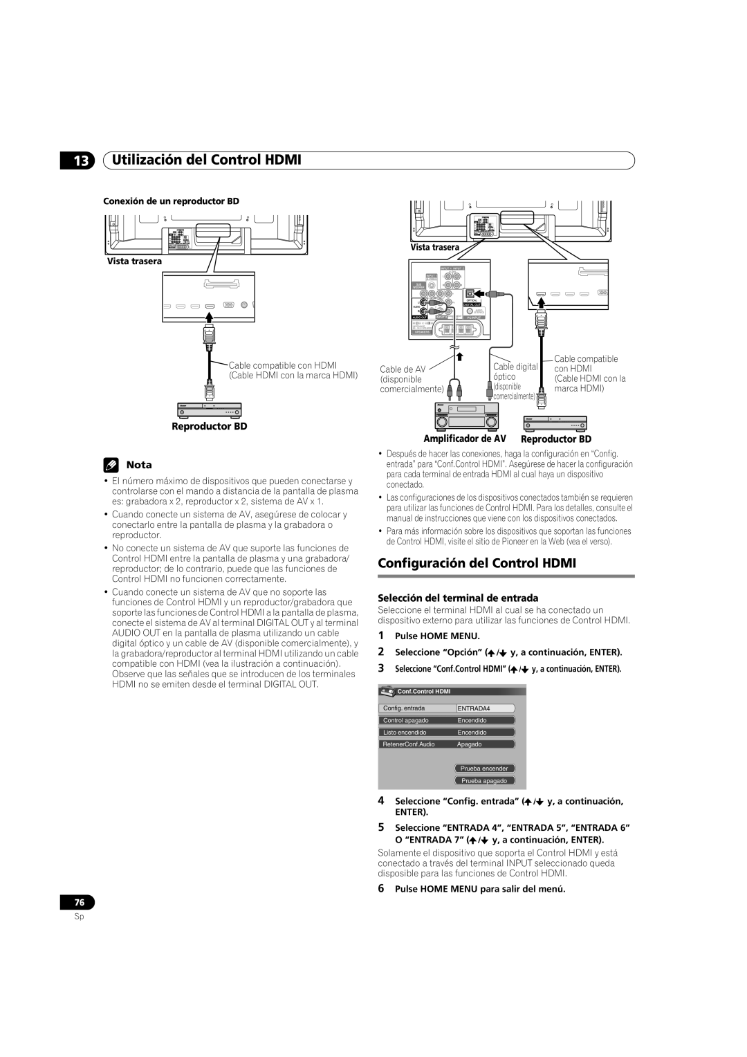 Pioneer PDP-5080HD Configuración del Control Hdmi, Reproductor BD Nota, Amplificador de AV Reproductor BD 