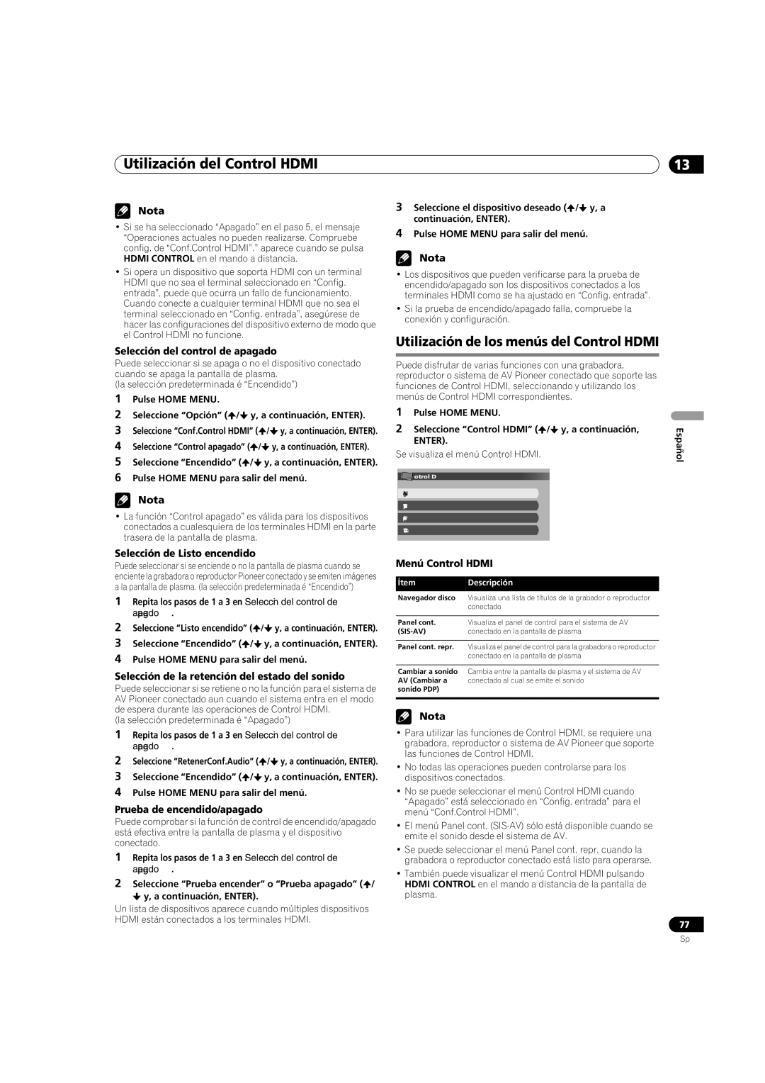 Pioneer PDP-5080HD operating instructions Utilización de los menús del Control Hdmi 