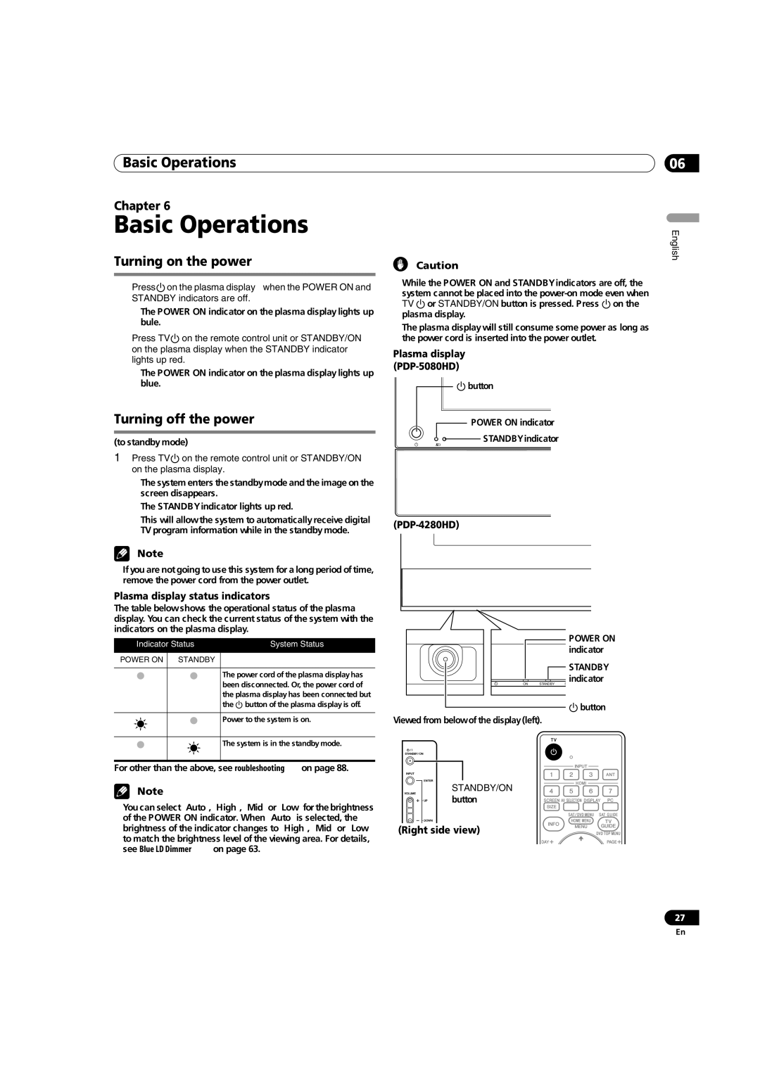 Pioneer PDP-5080HD operating instructions Basic Operations, Turning on the power, Turning off the power 