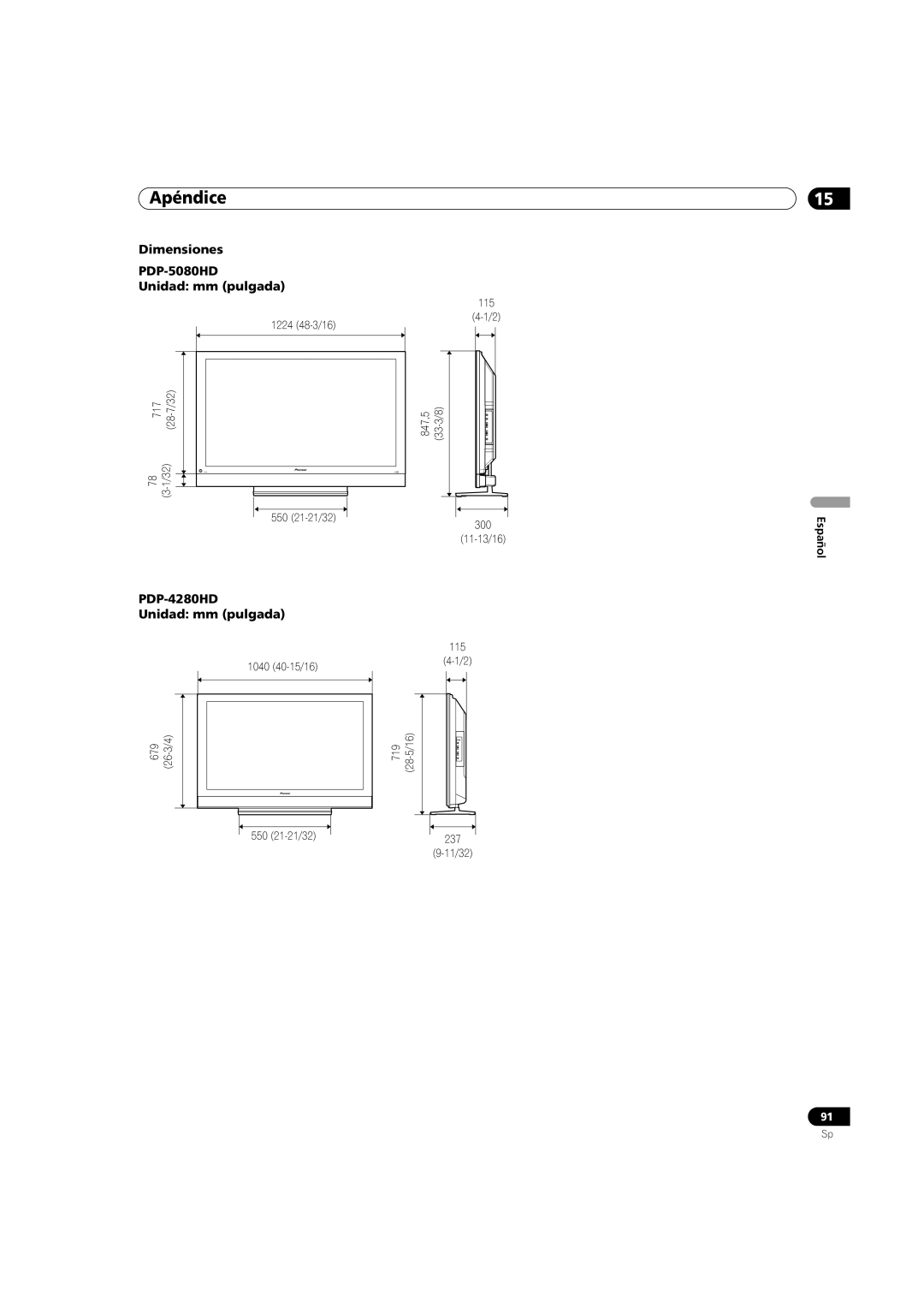 Pioneer operating instructions Dimensiones PDP-5080HD Unidad mm pulgada, PDP-4280HD Unidad mm pulgada 