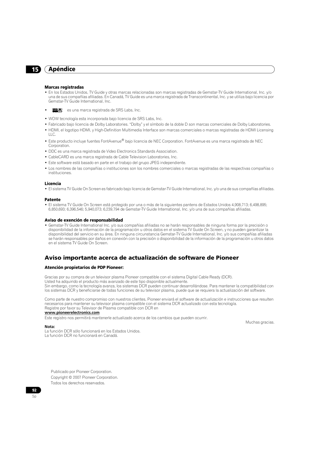 Pioneer PDP-5080HD operating instructions Marcas registradas, Licencia, Patente, Aviso de exención de responsabilidad 