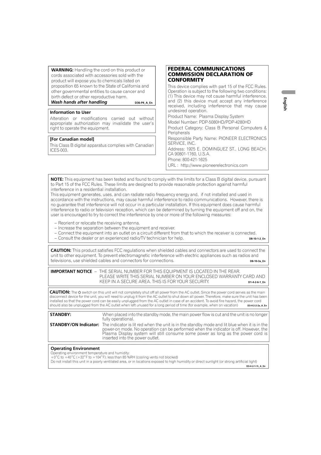 Pioneer PDP-5080HD operating instructions Information to User, For Canadian model, Operating Environment, English 