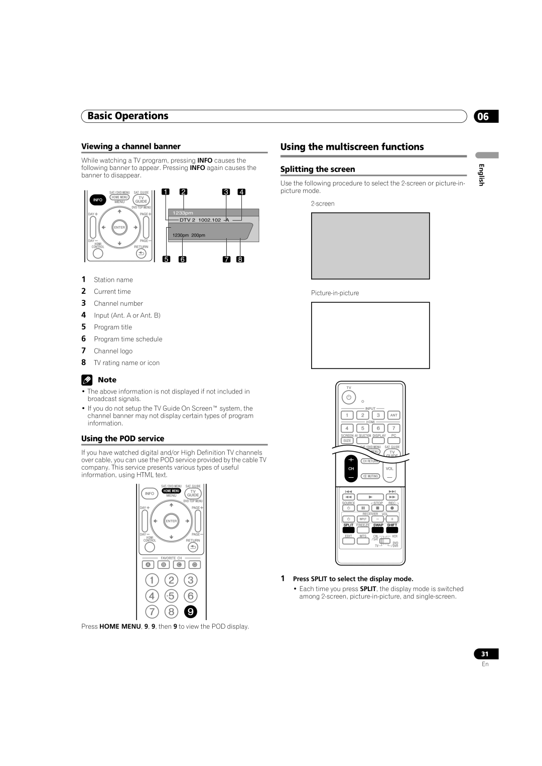 Pioneer PDP-5080HD Using the multiscreen functions, Viewing a channel banner, Using the POD service, Splitting the screen 