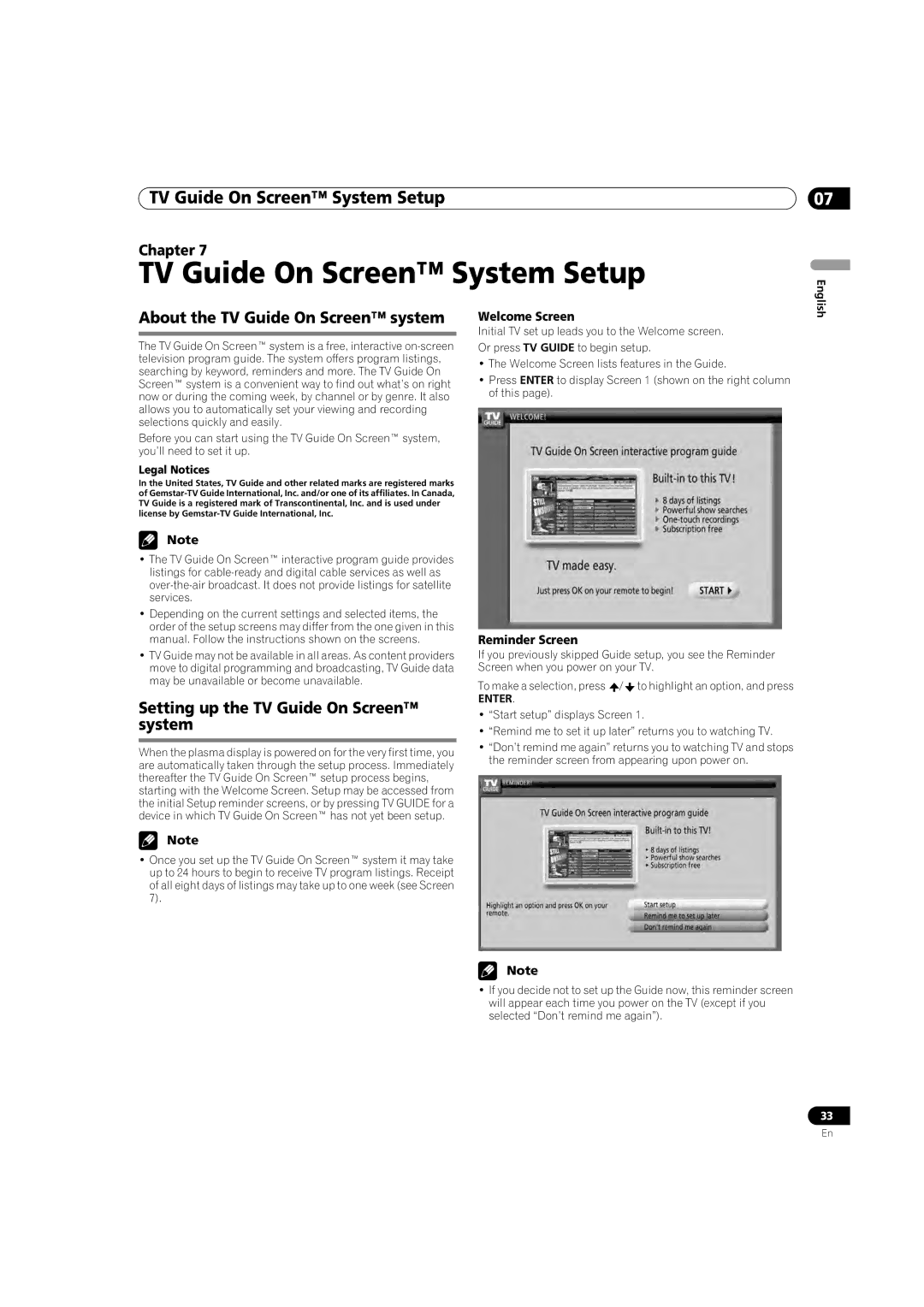 Pioneer PDP-5080HD TV Guide On Screen System Setup, About the TV Guide On Screen system, Welcome Screen, Reminder Screen 