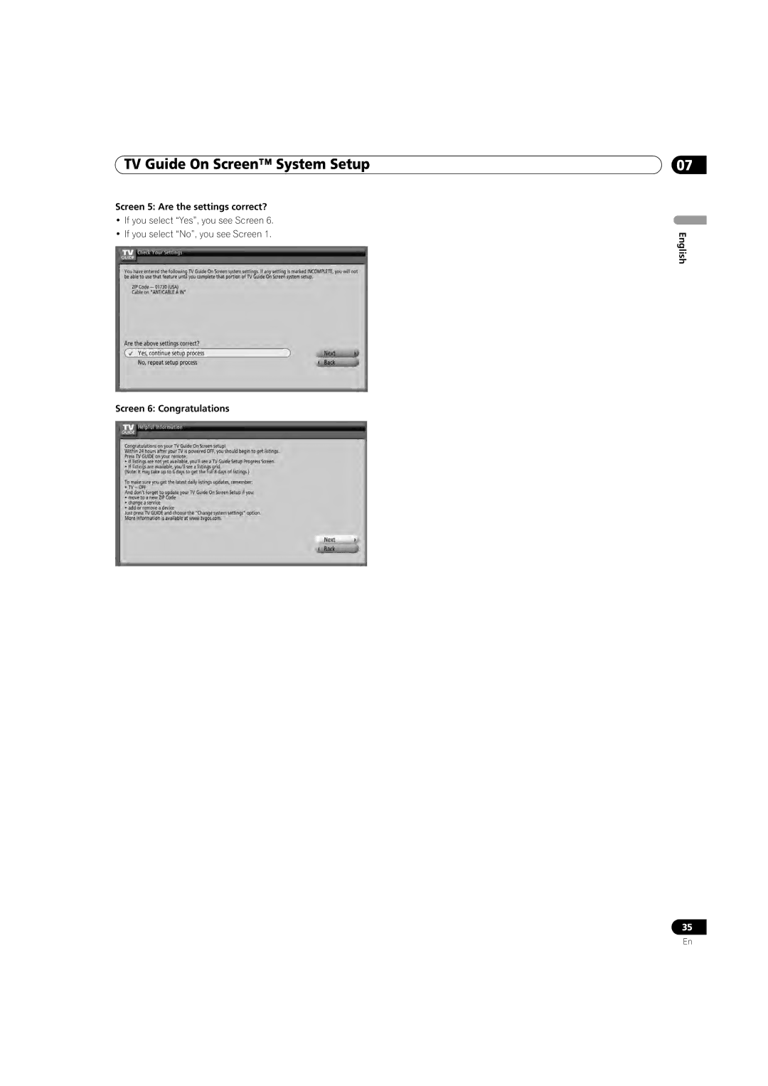 Pioneer PDP-5080HD operating instructions Screen 5 Are the settings correct?, Screen 6 Congratulations English 