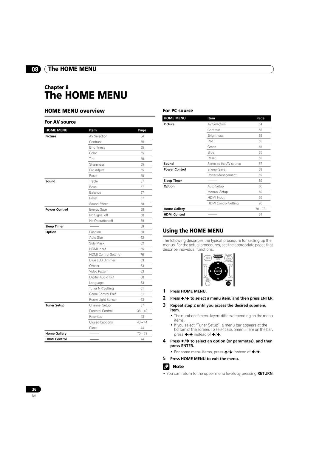 Pioneer PDP-5080HD operating instructions Home Menu overview, Using the Home Menu, For PC source For AV source 