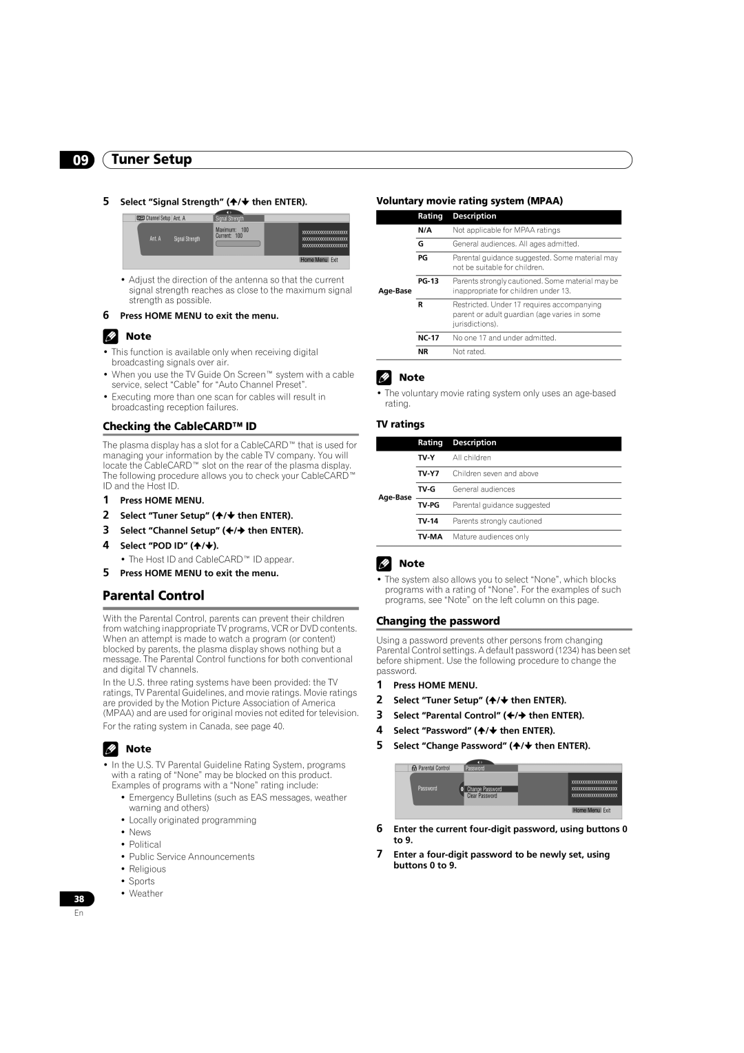 Pioneer PDP-5080HD Parental Control, Checking the CableCARD ID, Changing the password, Voluntary movie rating system Mpaa 