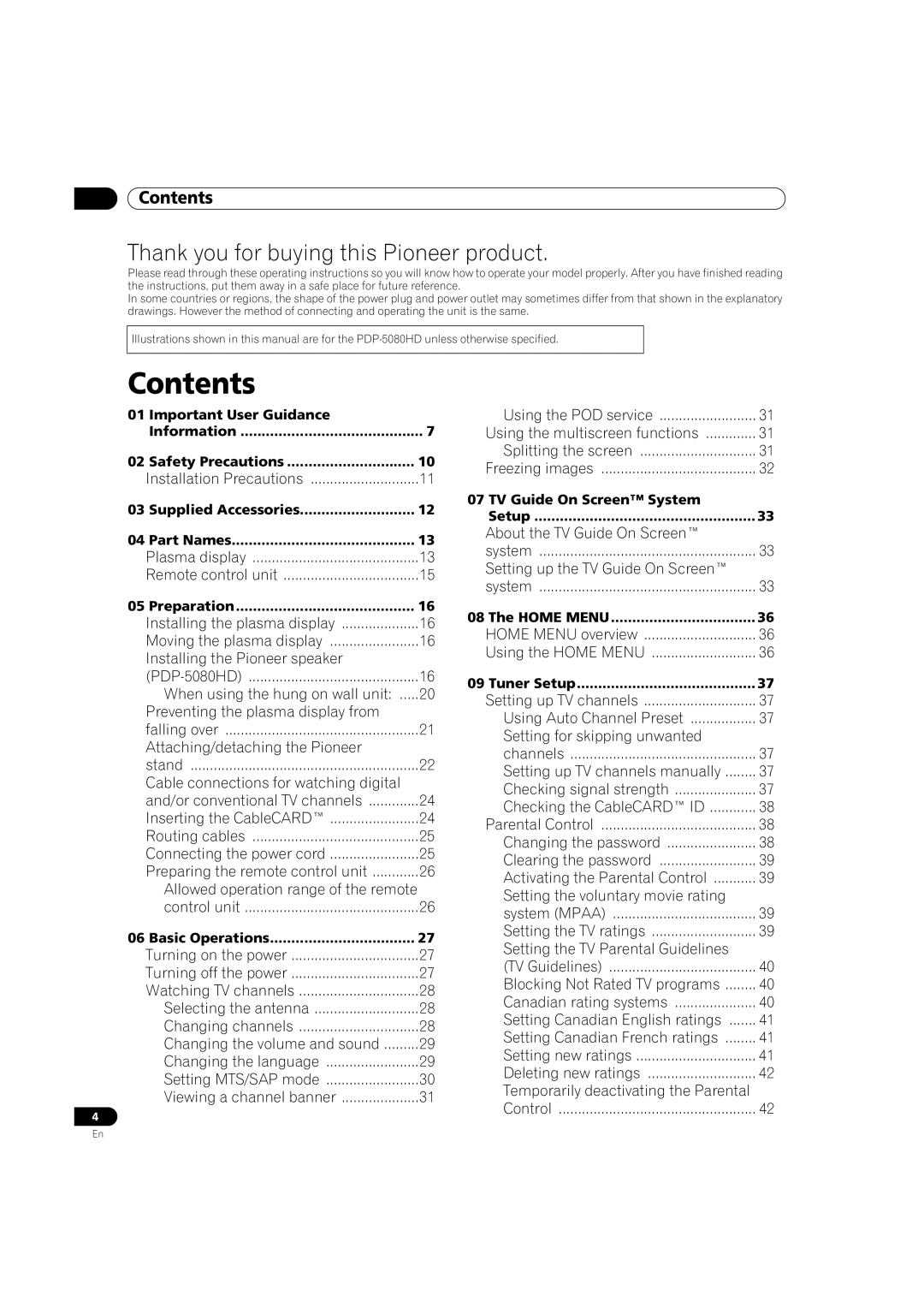 Pioneer PDP-5080HD operating instructions Contents 