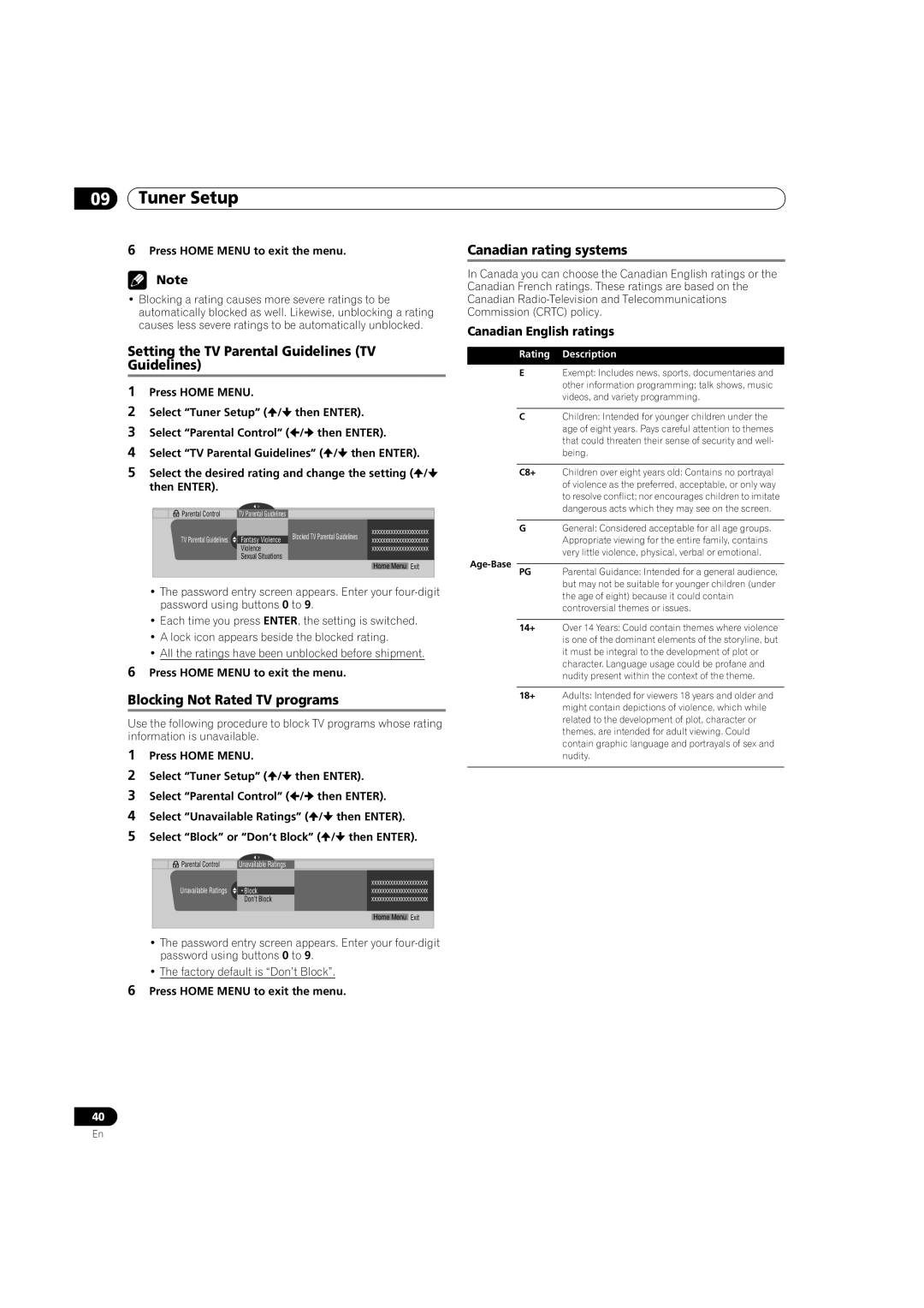 Pioneer PDP-5080HD Setting the TV Parental Guidelines TV, Blocking Not Rated TV programs, Canadian rating systems 