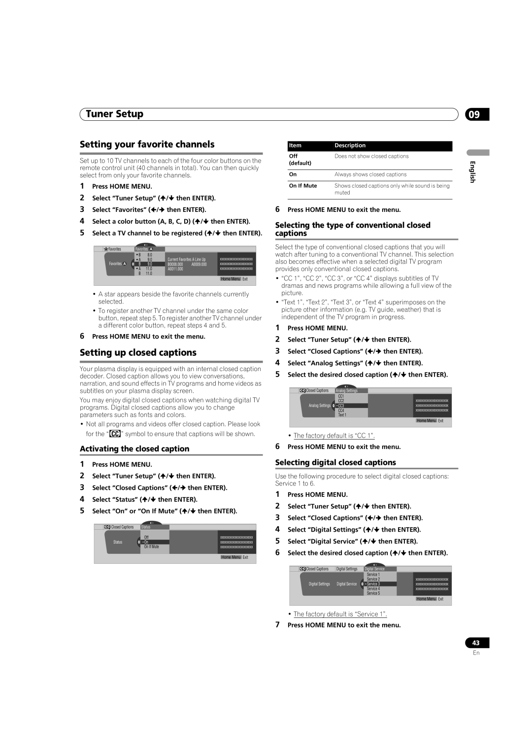 Pioneer PDP-5080HD Setting your favorite channels, Setting up closed captions, Activating the closed caption 