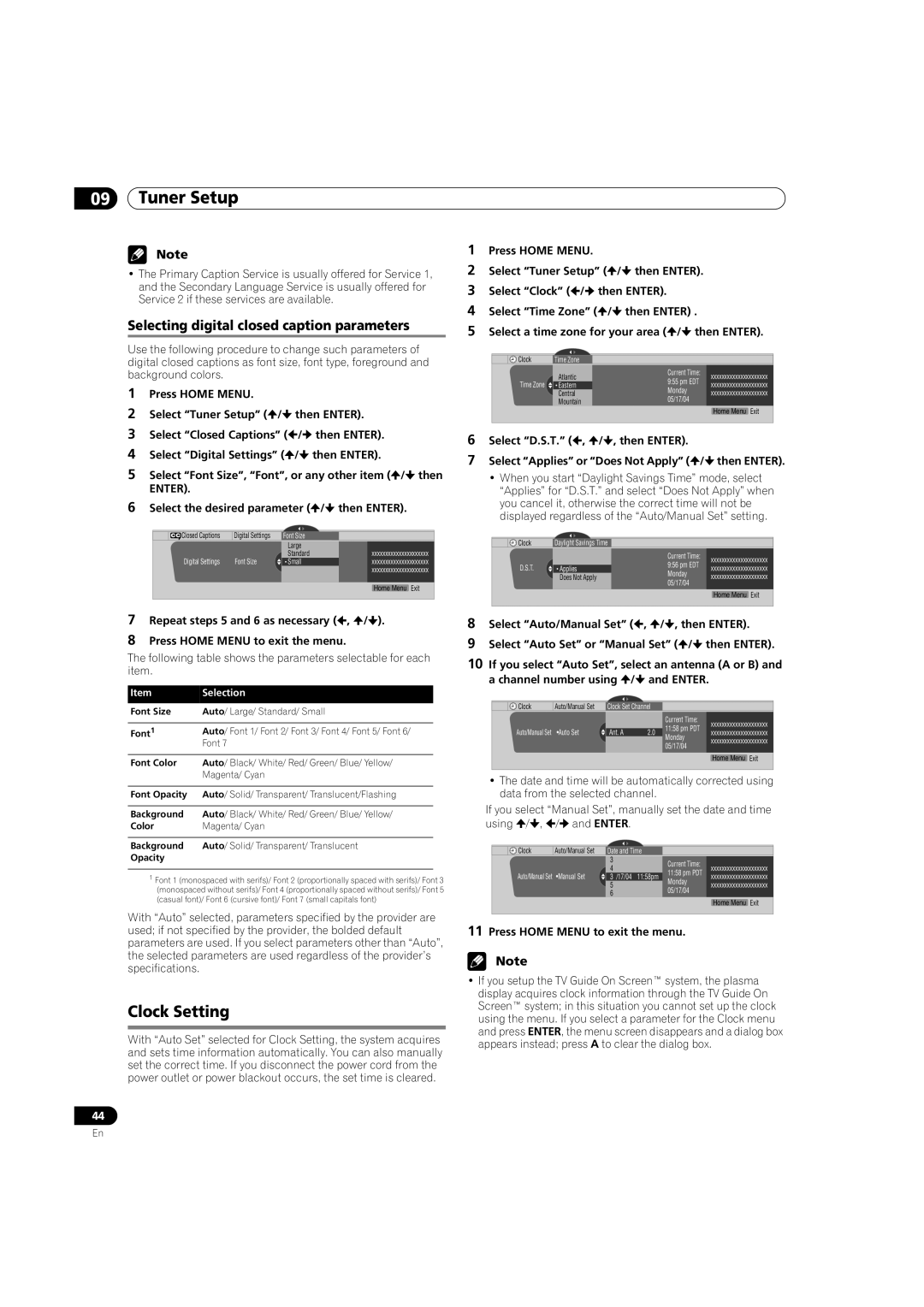 Pioneer PDP-5080HD operating instructions Clock Setting, Selecting digital closed caption parameters, Selection 