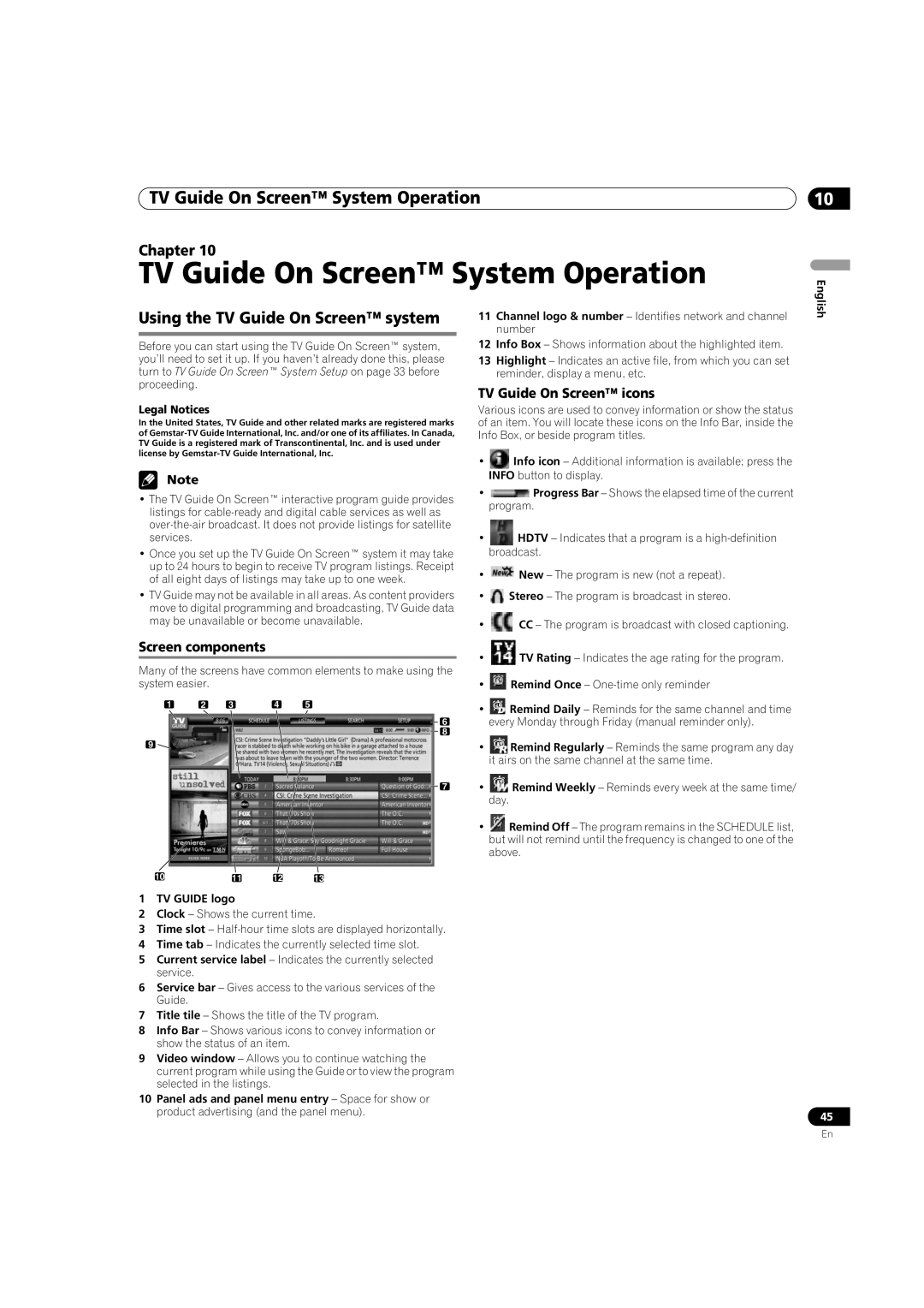 Pioneer PDP-5080HD TV Guide On Screen System Operation, Using the TV Guide On Screen system, TV Guide On Screen icons 