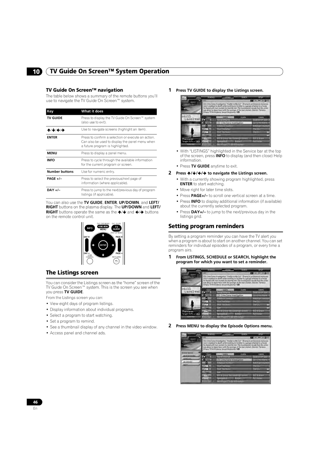 Pioneer PDP-5080HD operating instructions Listings screen, Setting program reminders, TV Guide On Screen navigation 