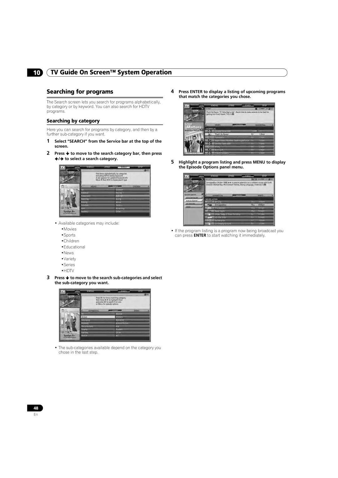 Pioneer PDP-5080HD operating instructions Searching for programs, Searching by category 