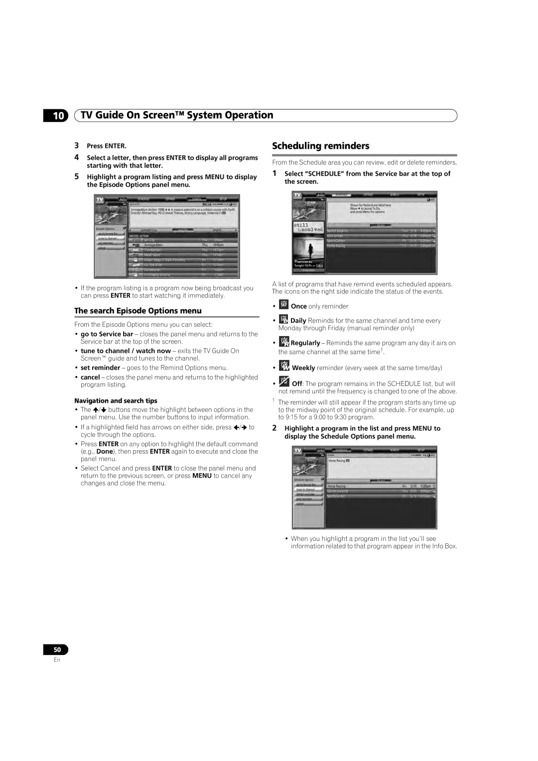 Pioneer PDP-5080HD operating instructions Scheduling reminders, Search Episode Options menu, Navigation and search tips 