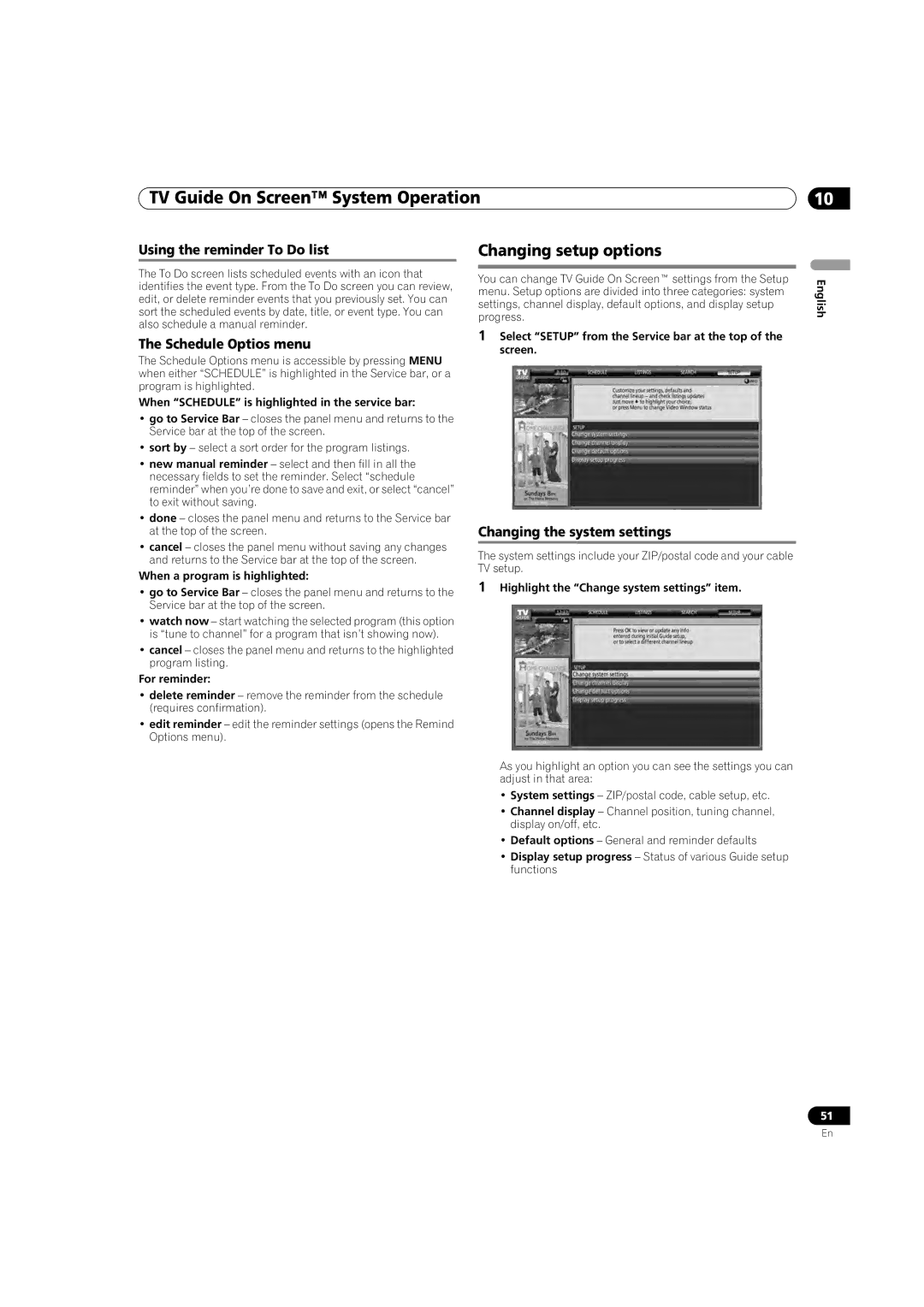 Pioneer PDP-5080HD operating instructions Changing setup options, Using the reminder To Do list, Schedule Optios menu 