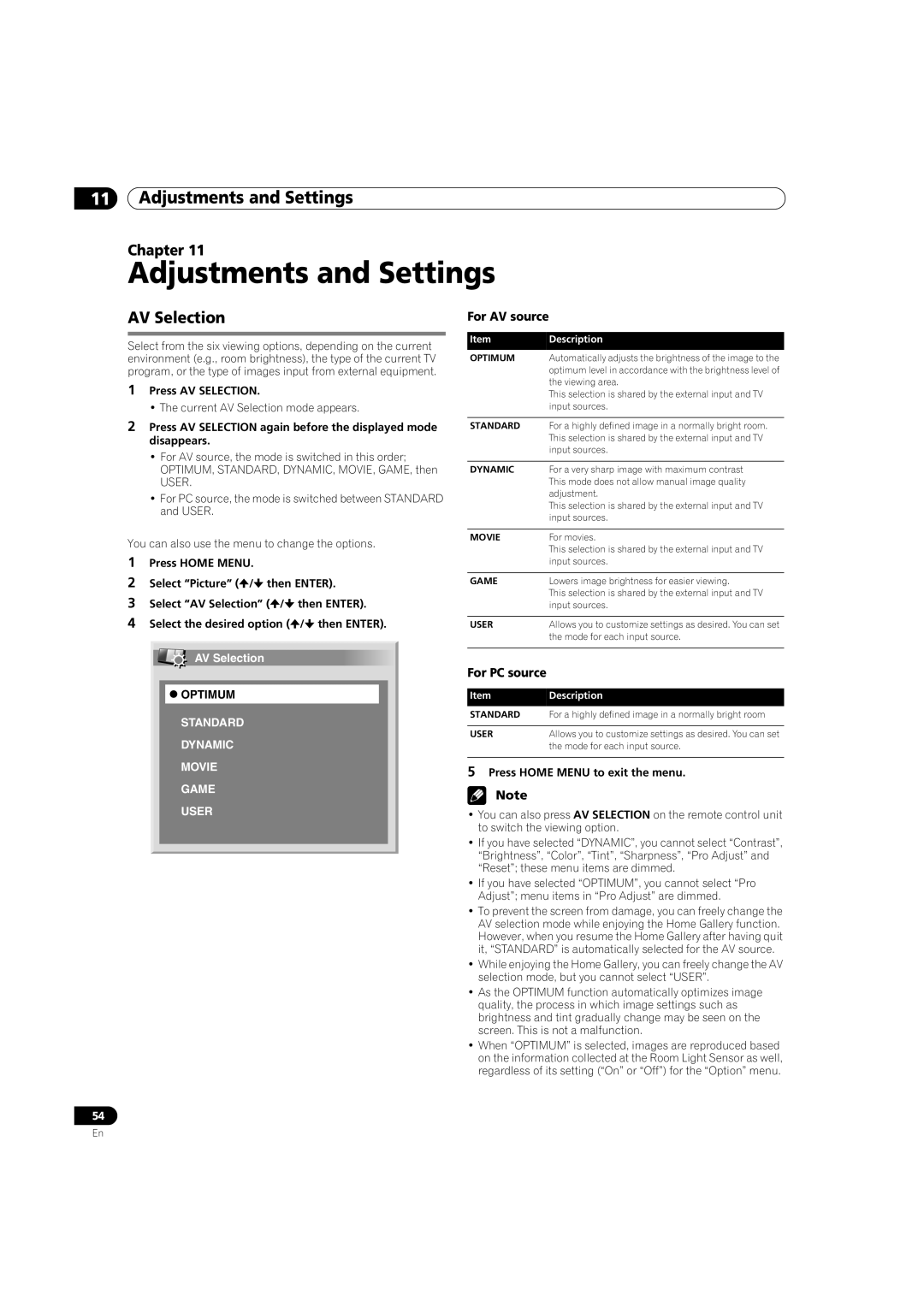 Pioneer PDP-5080HD operating instructions Adjustments and Settings, For AV source, For PC source, Press AV Selection 