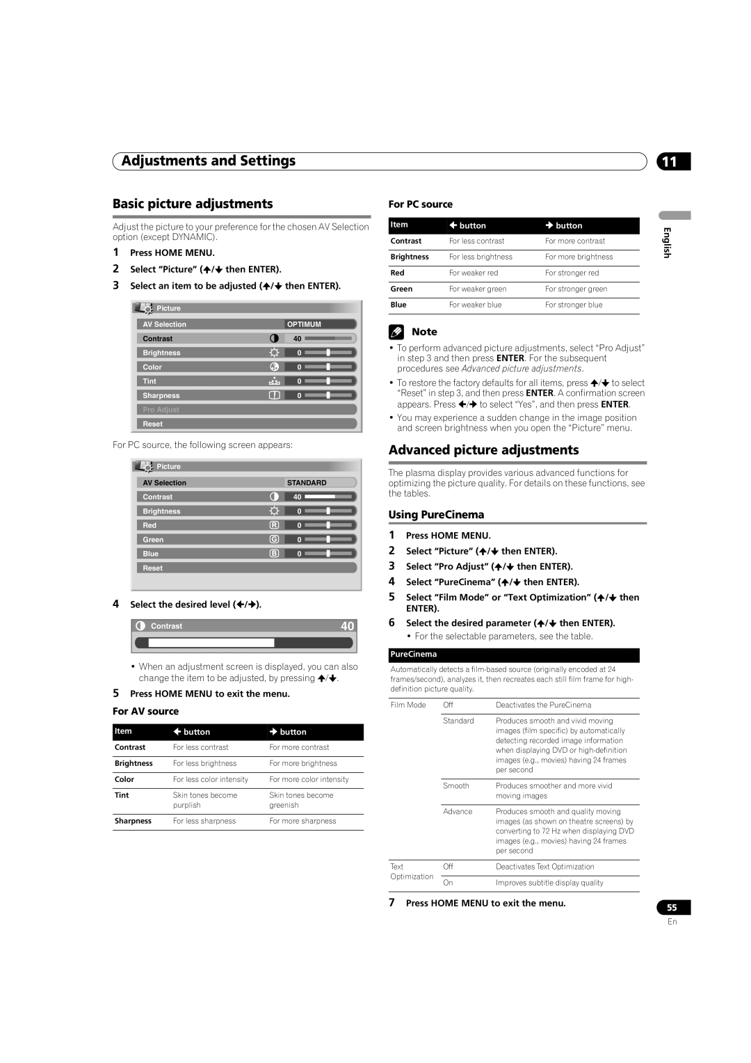 Pioneer PDP-5080HD operating instructions Basic picture adjustments, Advanced picture adjustments, Using PureCinema 