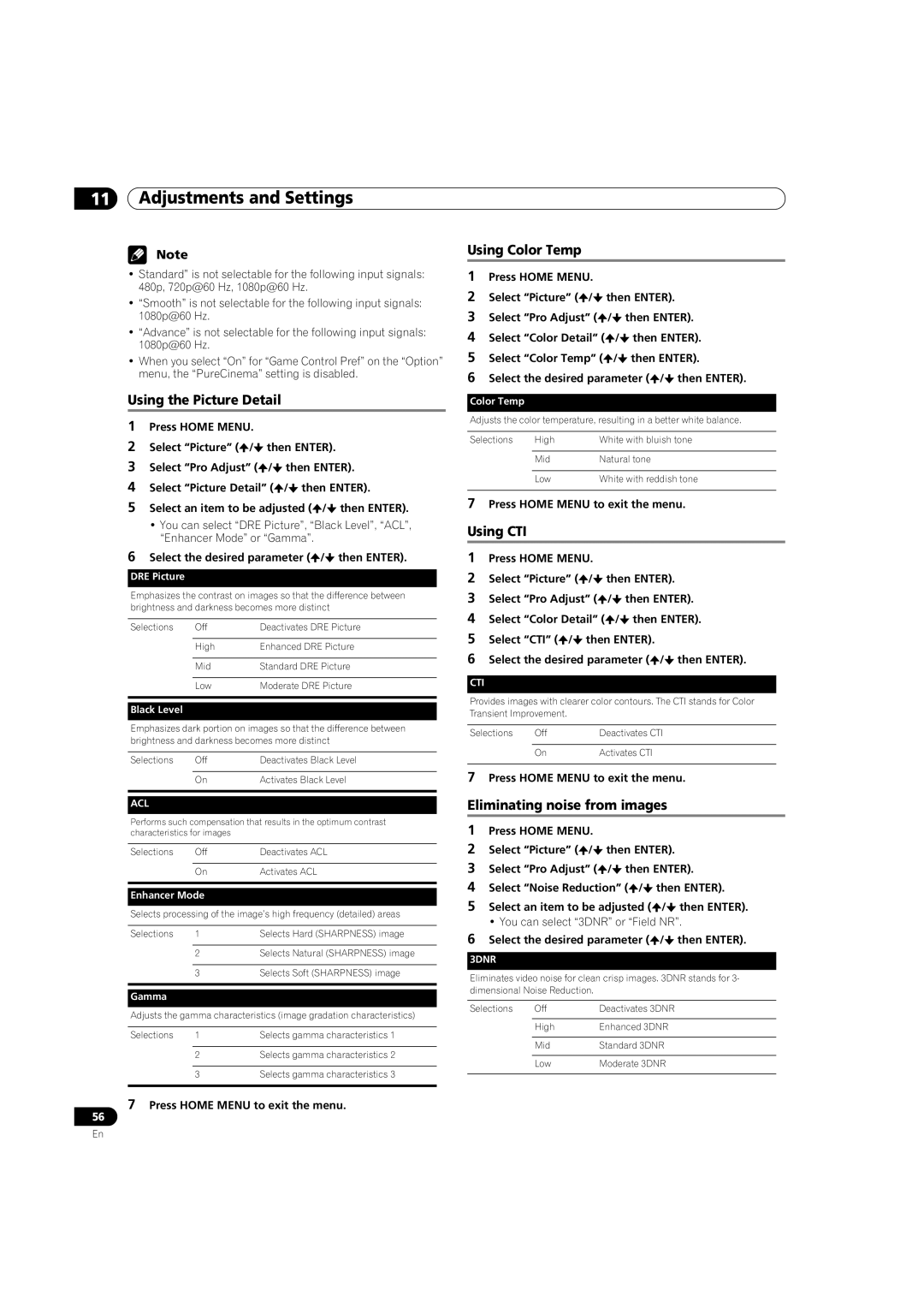 Pioneer PDP-5080HD Using the Picture Detail, Using Color Temp, Using CTI, Eliminating noise from images 
