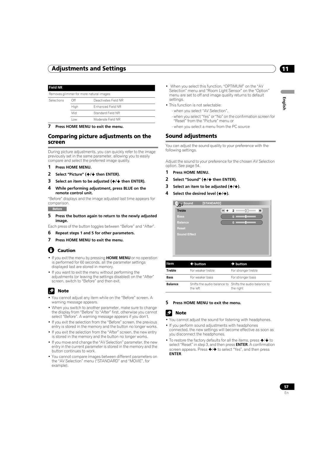 Pioneer PDP-5080HD operating instructions Comparing picture adjustments on the screen, Sound adjustments, Field NR 