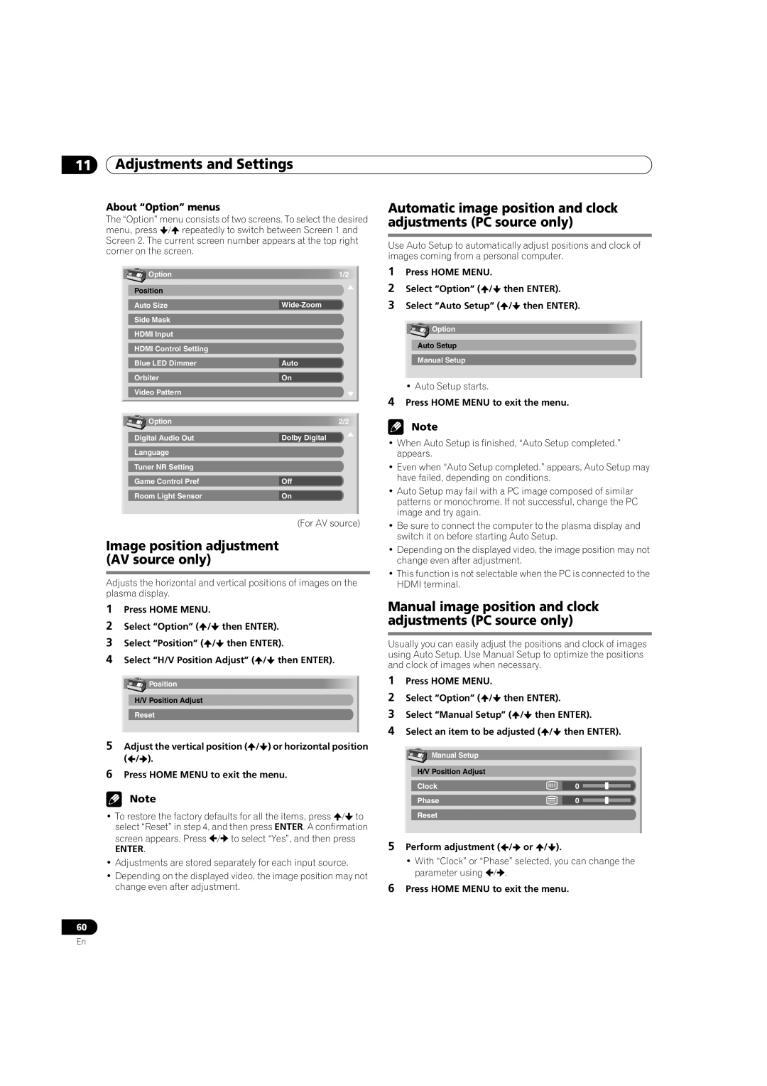 Pioneer PDP-5080HD Image position adjustment AV source only, Manual image position and clock adjustments PC source only 