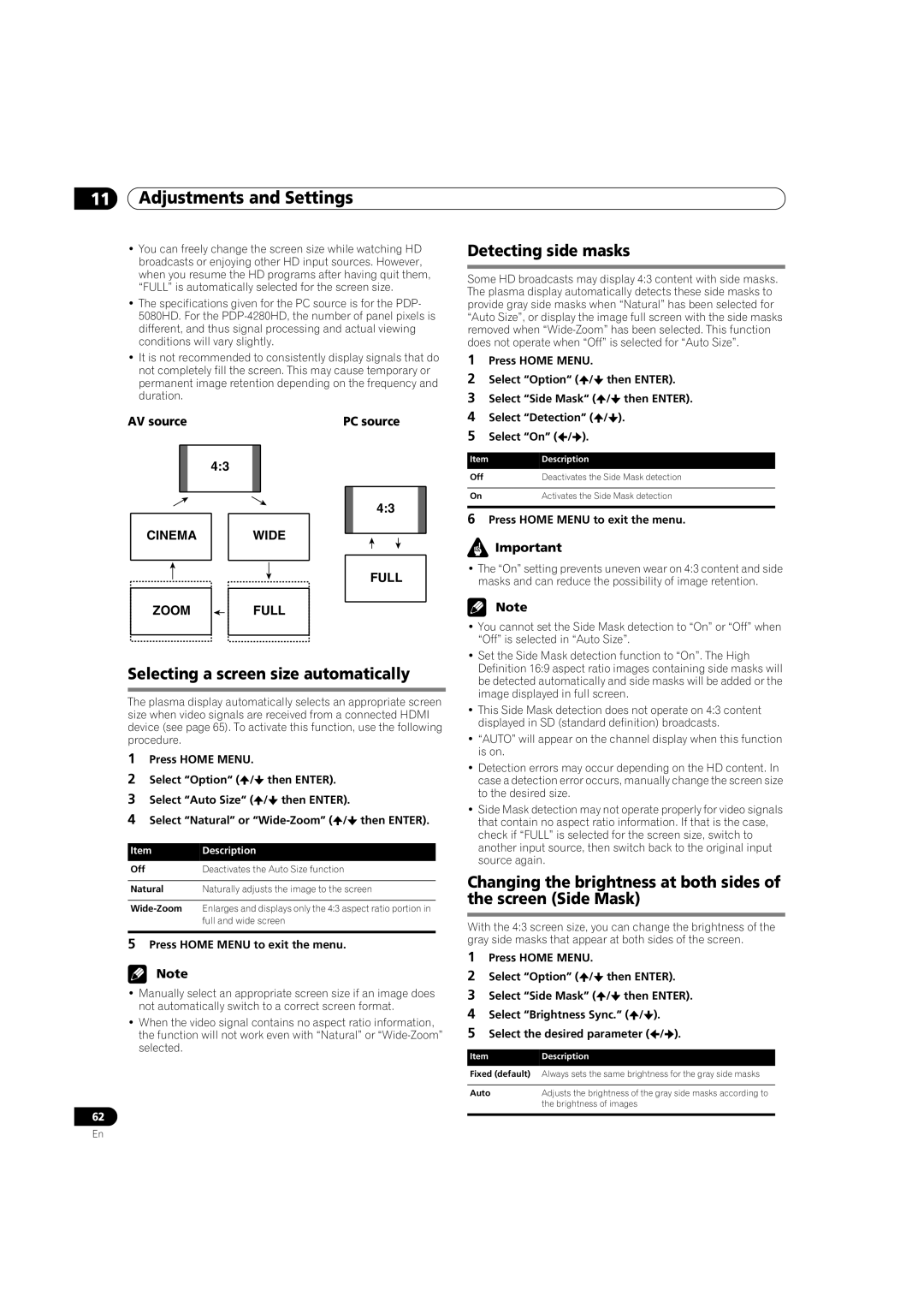 Pioneer PDP-5080HD Selecting a screen size automatically, Detecting side masks, PC source, Full and wide screen 