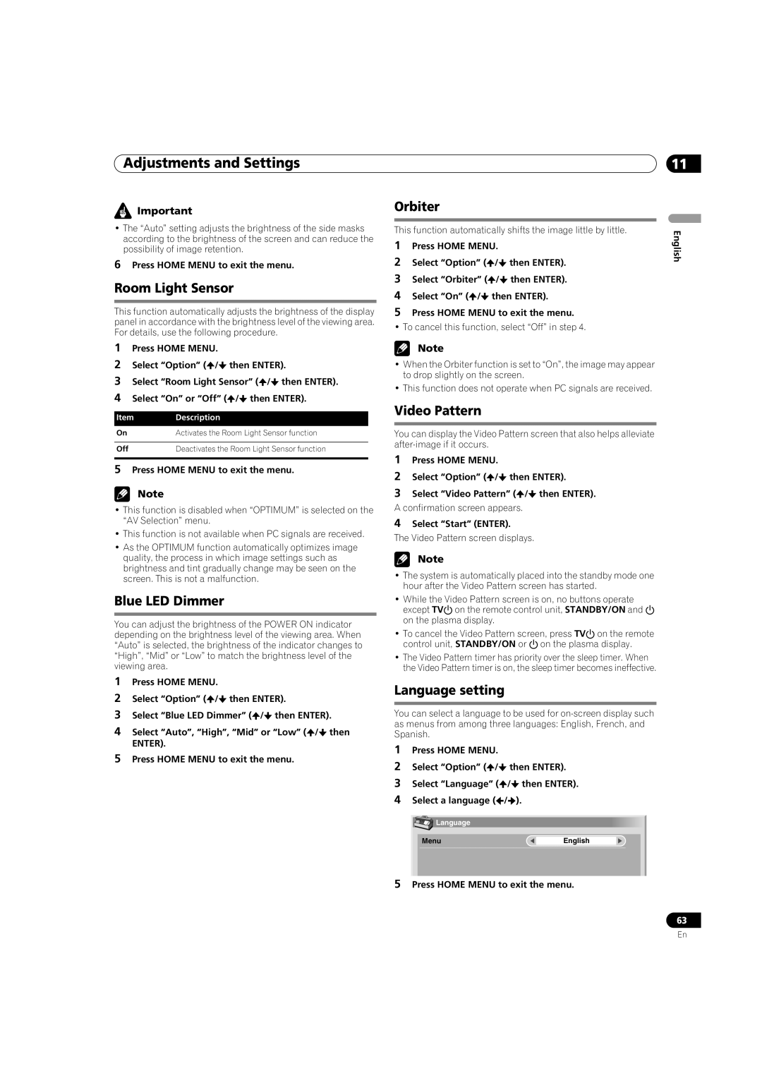 Pioneer PDP-5080HD operating instructions Room Light Sensor, Blue LED Dimmer, Orbiter, Video Pattern, Language setting 