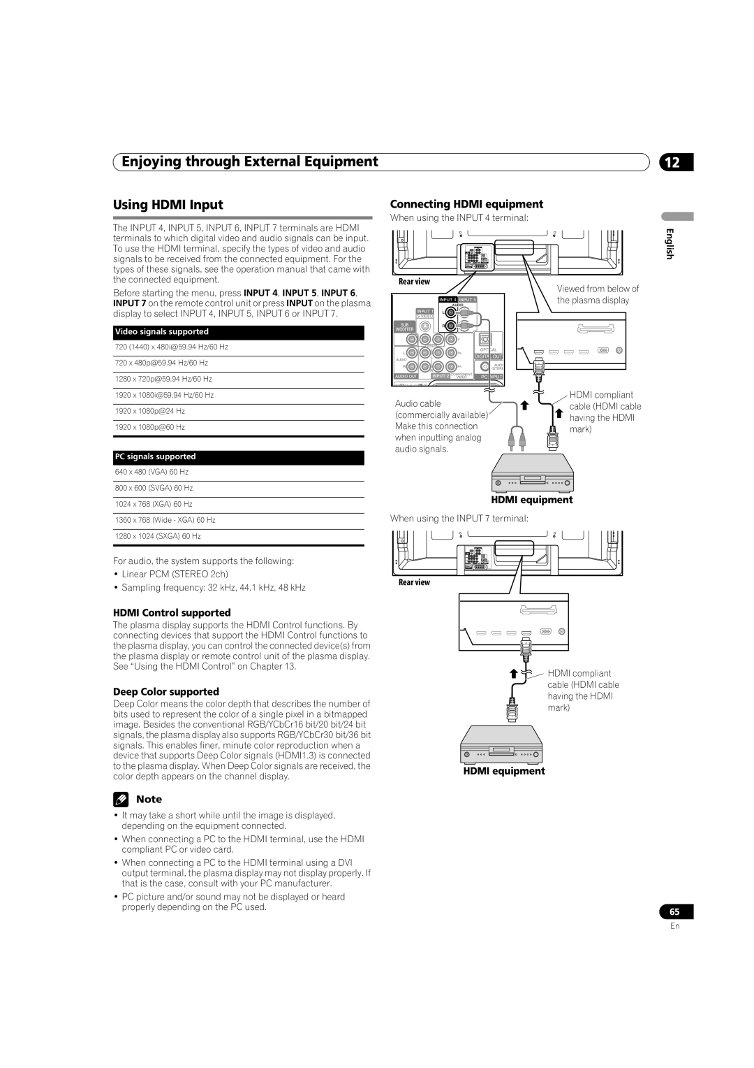 Pioneer PDP-5080HD Using Hdmi Input, Connecting Hdmi equipment, Hdmi Control supported, Deep Color supported 