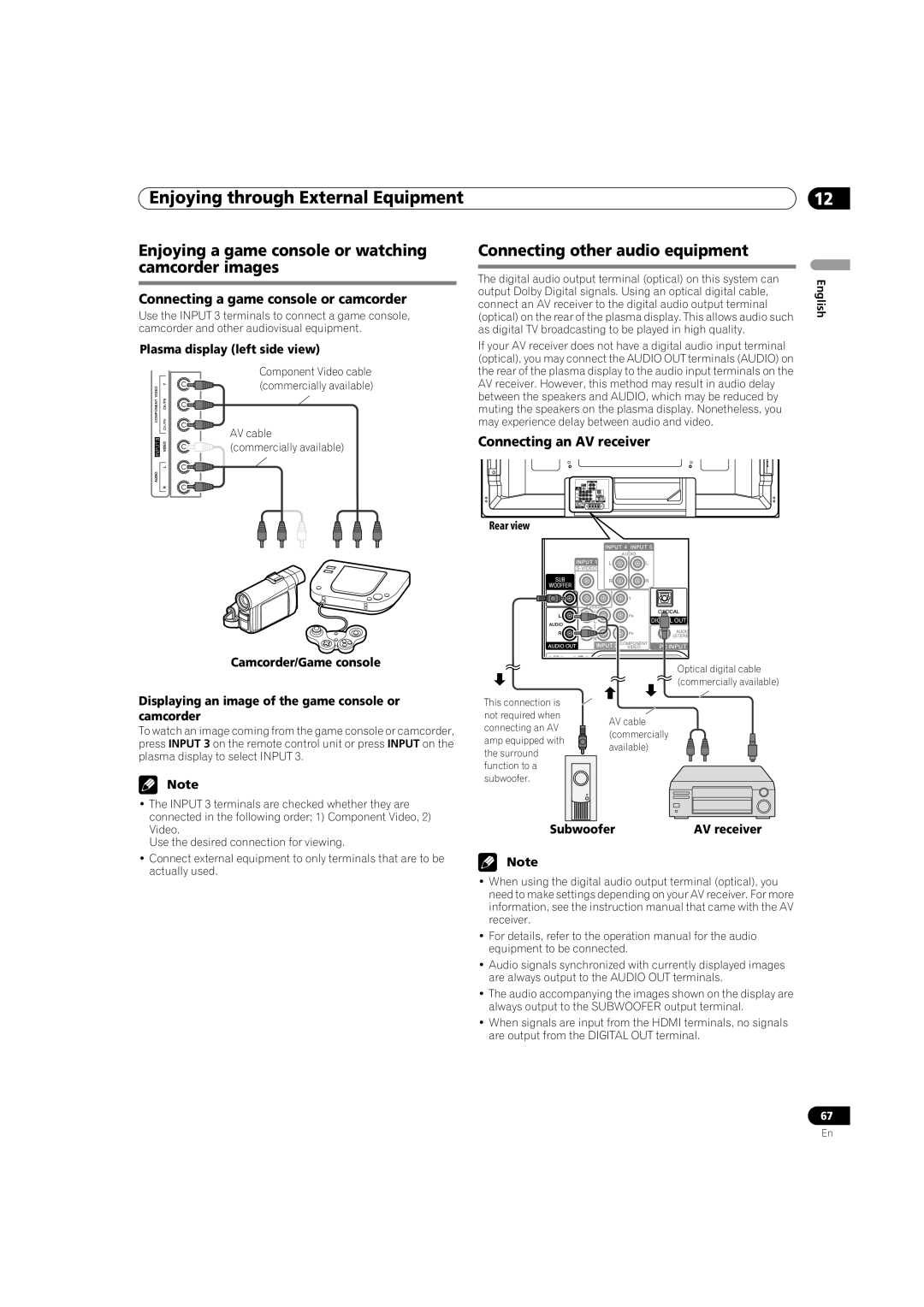 Pioneer PDP-5080HD Enjoying a game console or watching camcorder images, Connecting other audio equipment 