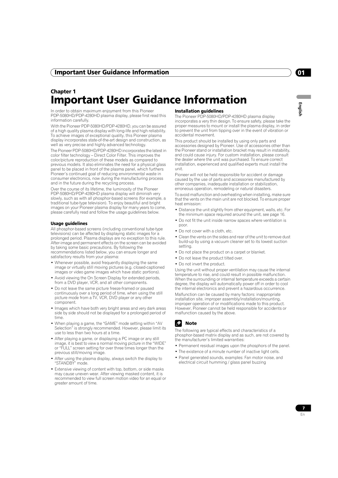 Pioneer PDP-5080HD operating instructions Important User Guidance Information, Usage guidelines, Installation guidelines 