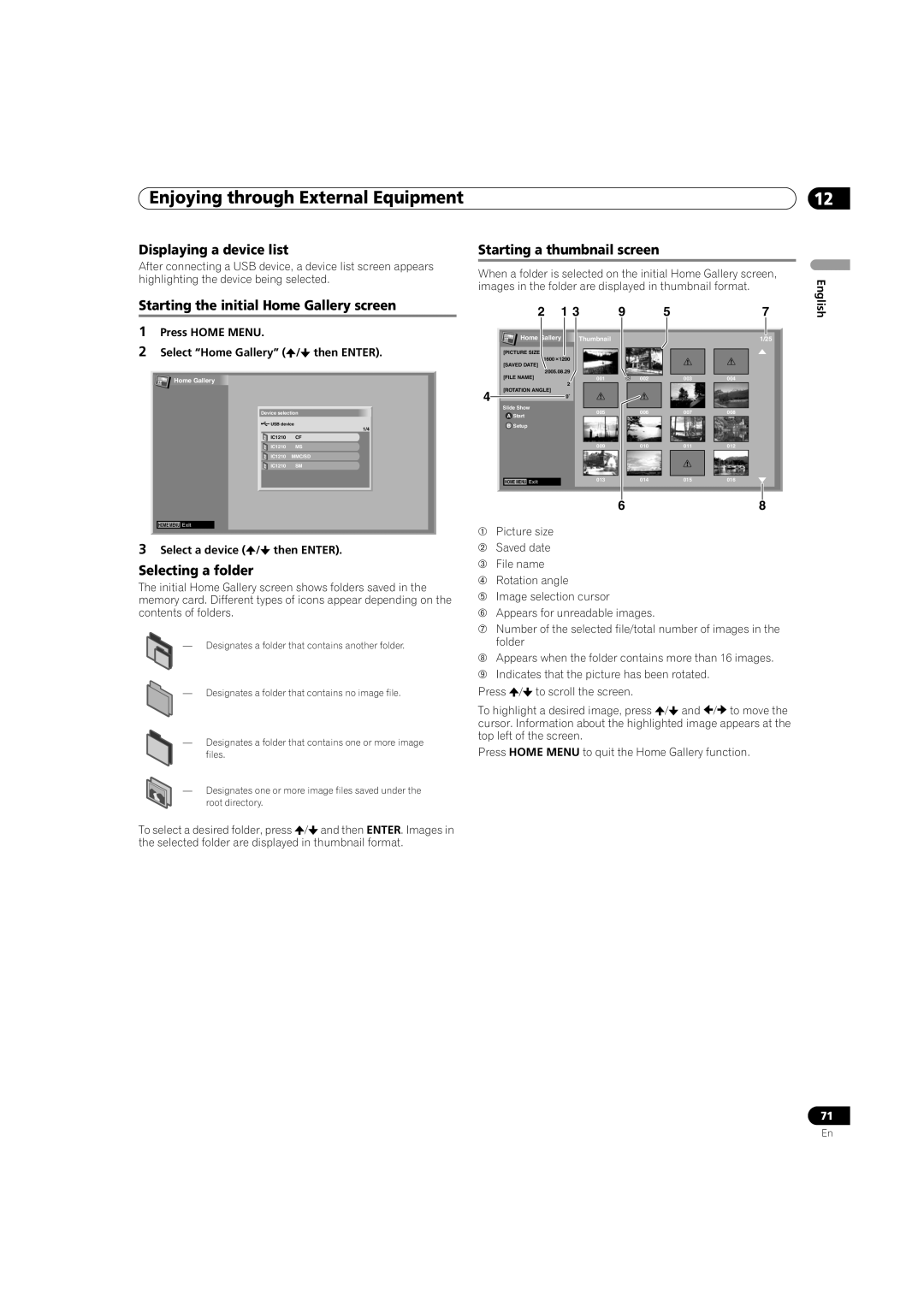 Pioneer PDP-5080HD Displaying a device list, Starting the initial Home Gallery screen, Selecting a folder 