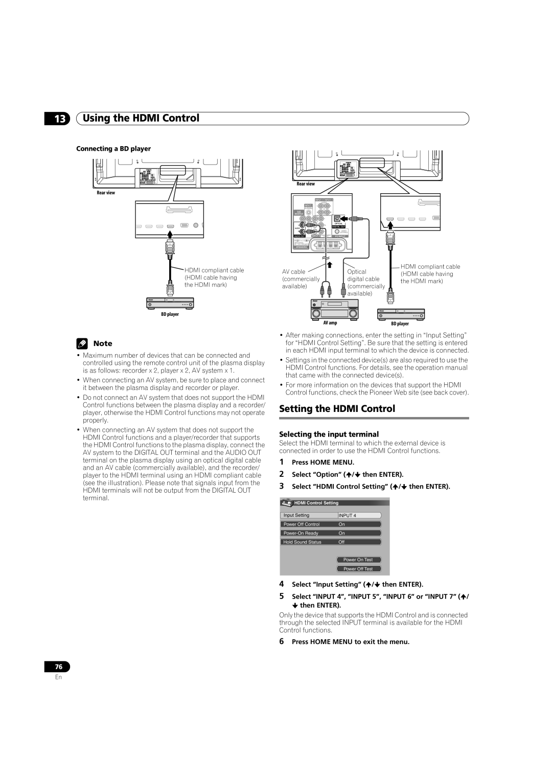 Pioneer PDP-5080HD operating instructions Setting the Hdmi Control, Selecting the input terminal, Connecting a BD player 