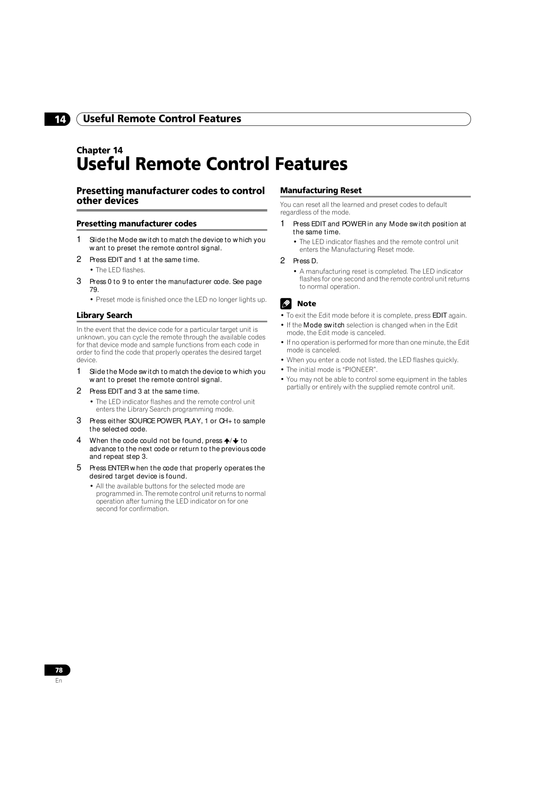 Pioneer PDP-5080HD Useful Remote Control Features, Presetting manufacturer codes to control other devices, Library Search 