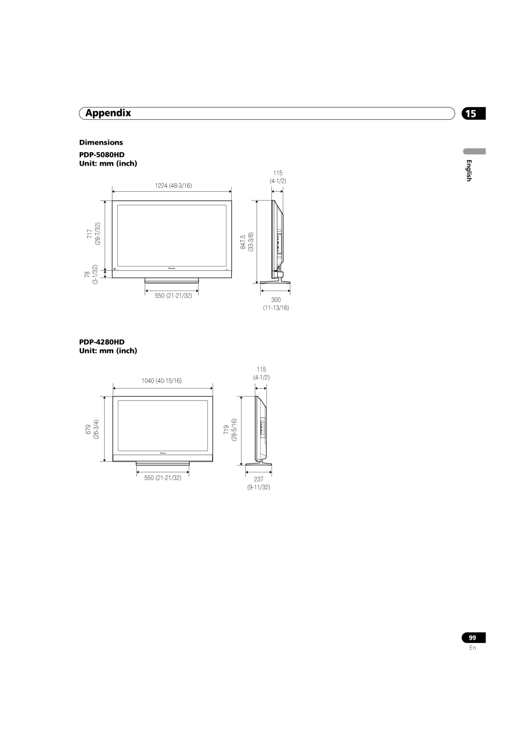 Pioneer operating instructions Dimensions PDP-5080HD Unit mm inch, PDP-4280HD Unit mm inch 