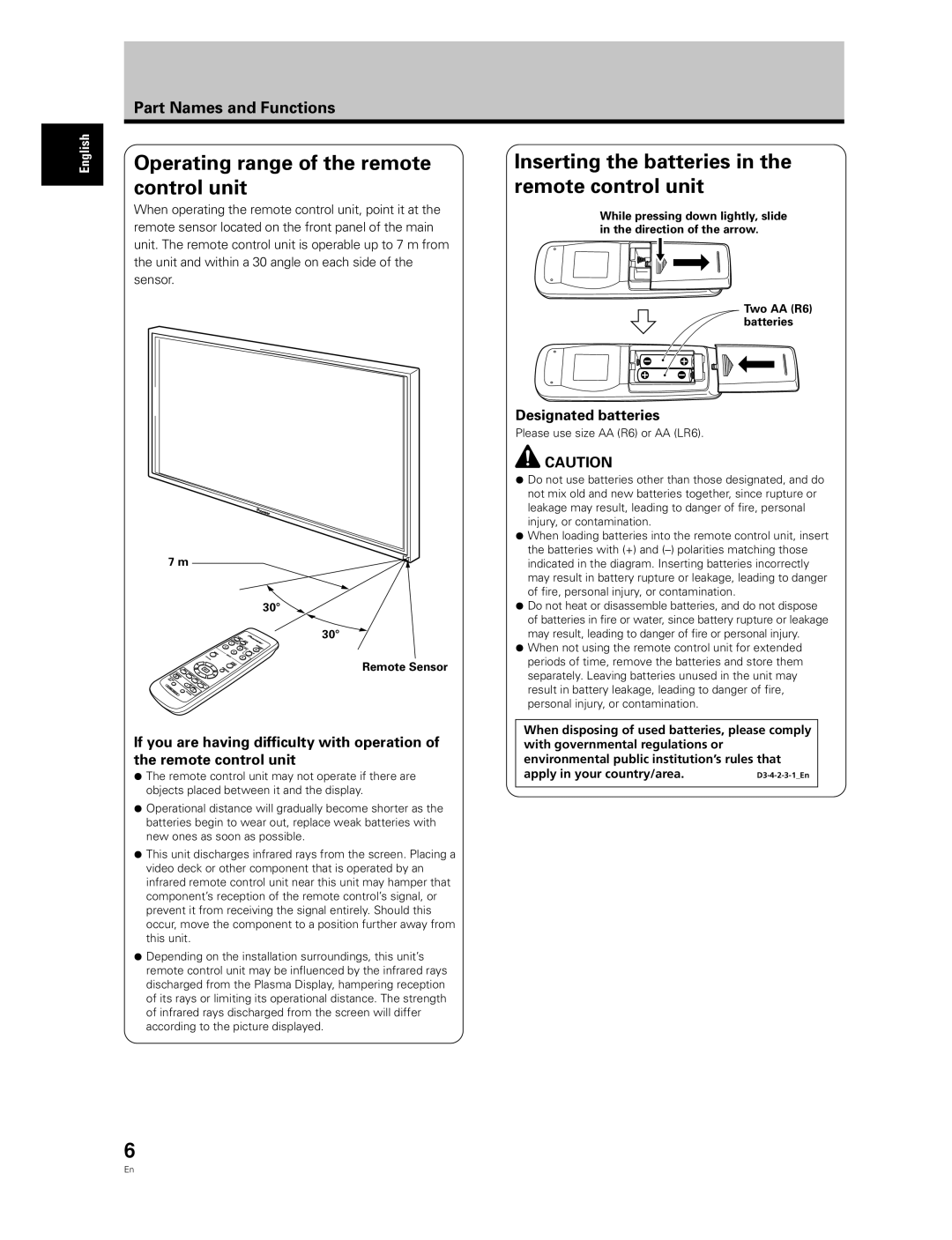 Pioneer PDP-60MXE20 manual Operating range of the remote control unit, Inserting the batteries in the remote control unit 