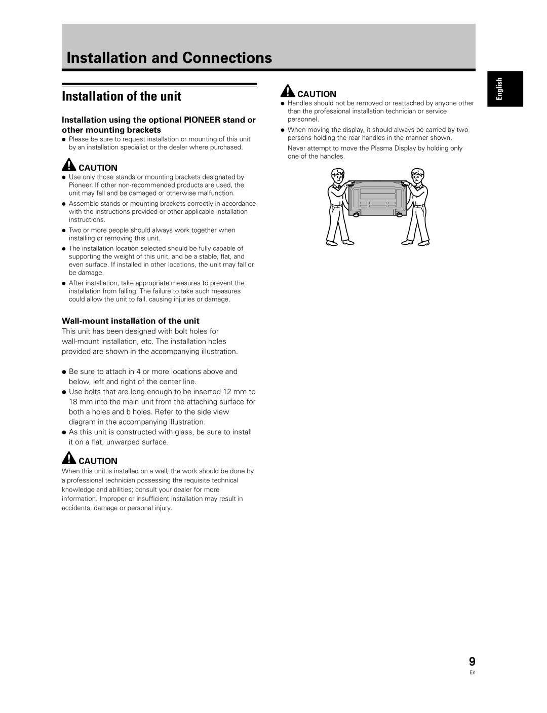 Pioneer PDP-60MXE20 manual Installation and Connections, Installation of the unit, Wall-mount installation of the unit 