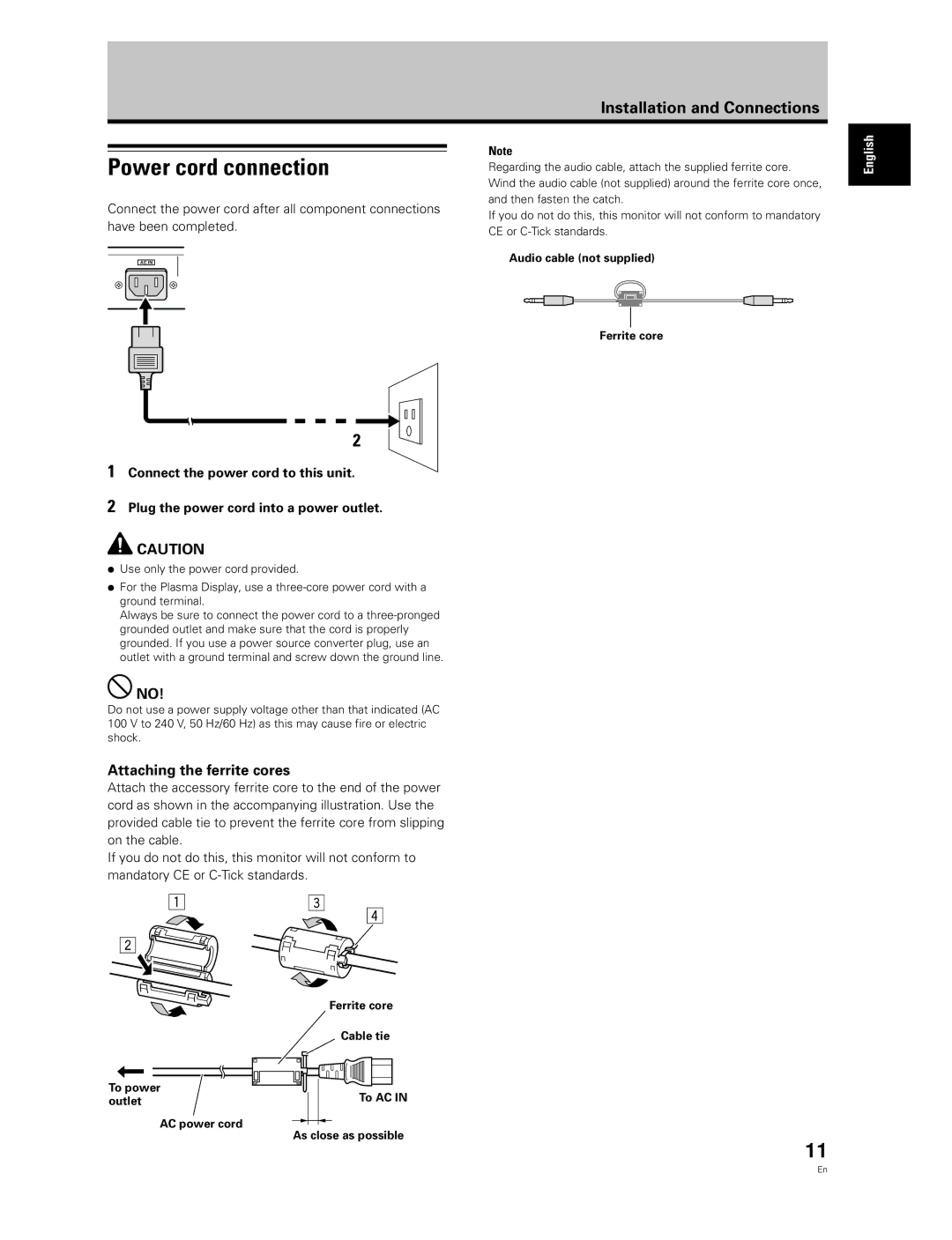 Pioneer PDP-50MXE20-S, PDP-60MXE20 manual Power cord connection, Attaching the ferrite cores 