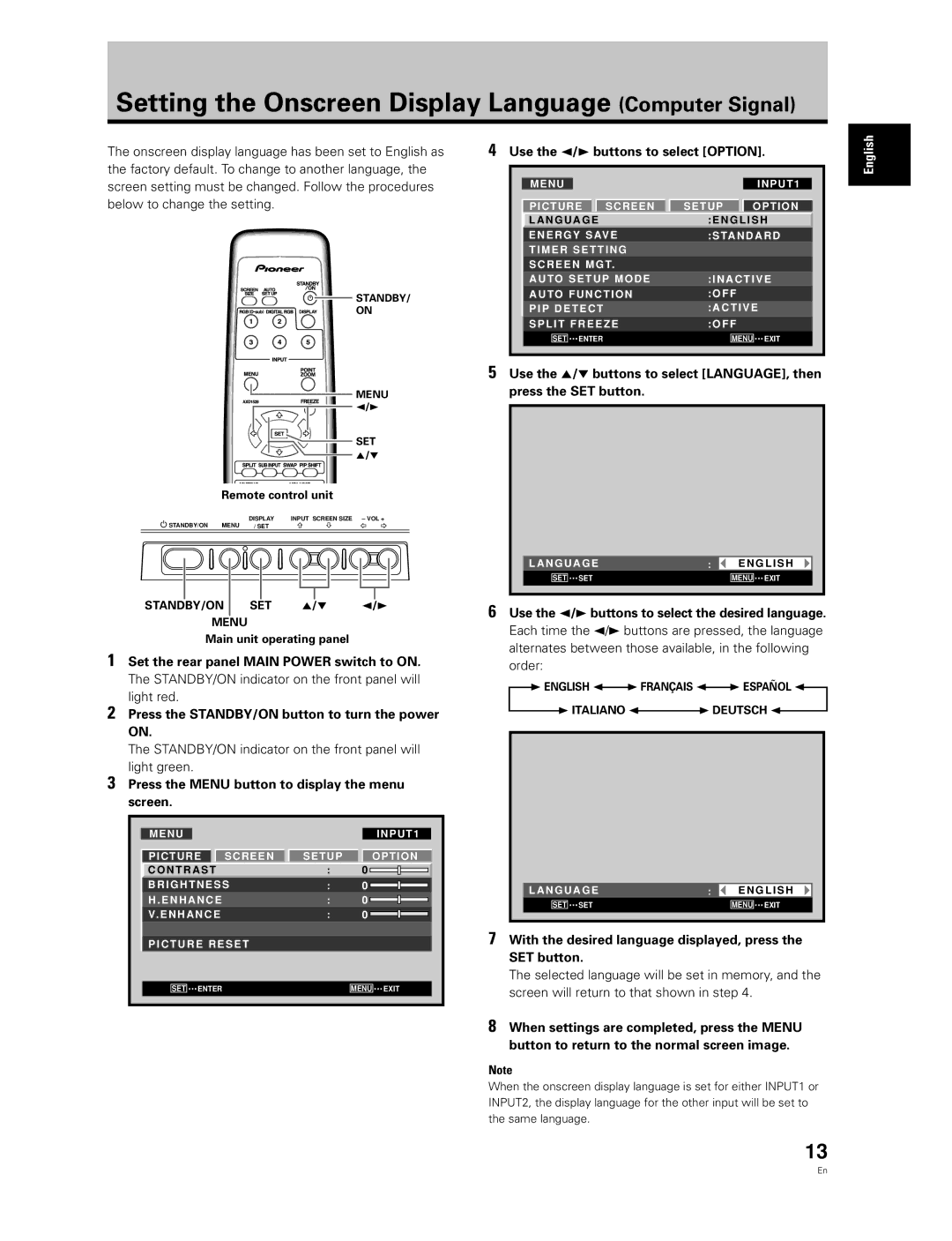 Pioneer PDP-50MXE20-S, PDP-60MXE20 manual Setting the Onscreen Display Language Computer Signal 