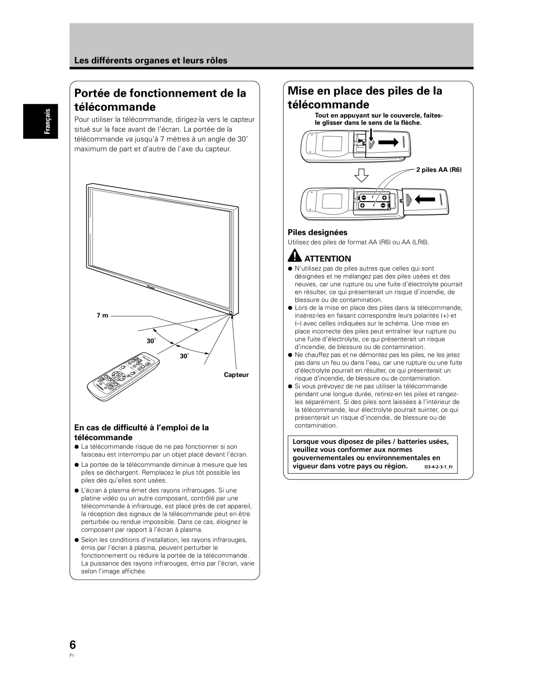 Pioneer PDP-50MXE20-S manual Portée de fonctionnement de la télécommande, Mise en place des piles de la télécommande 