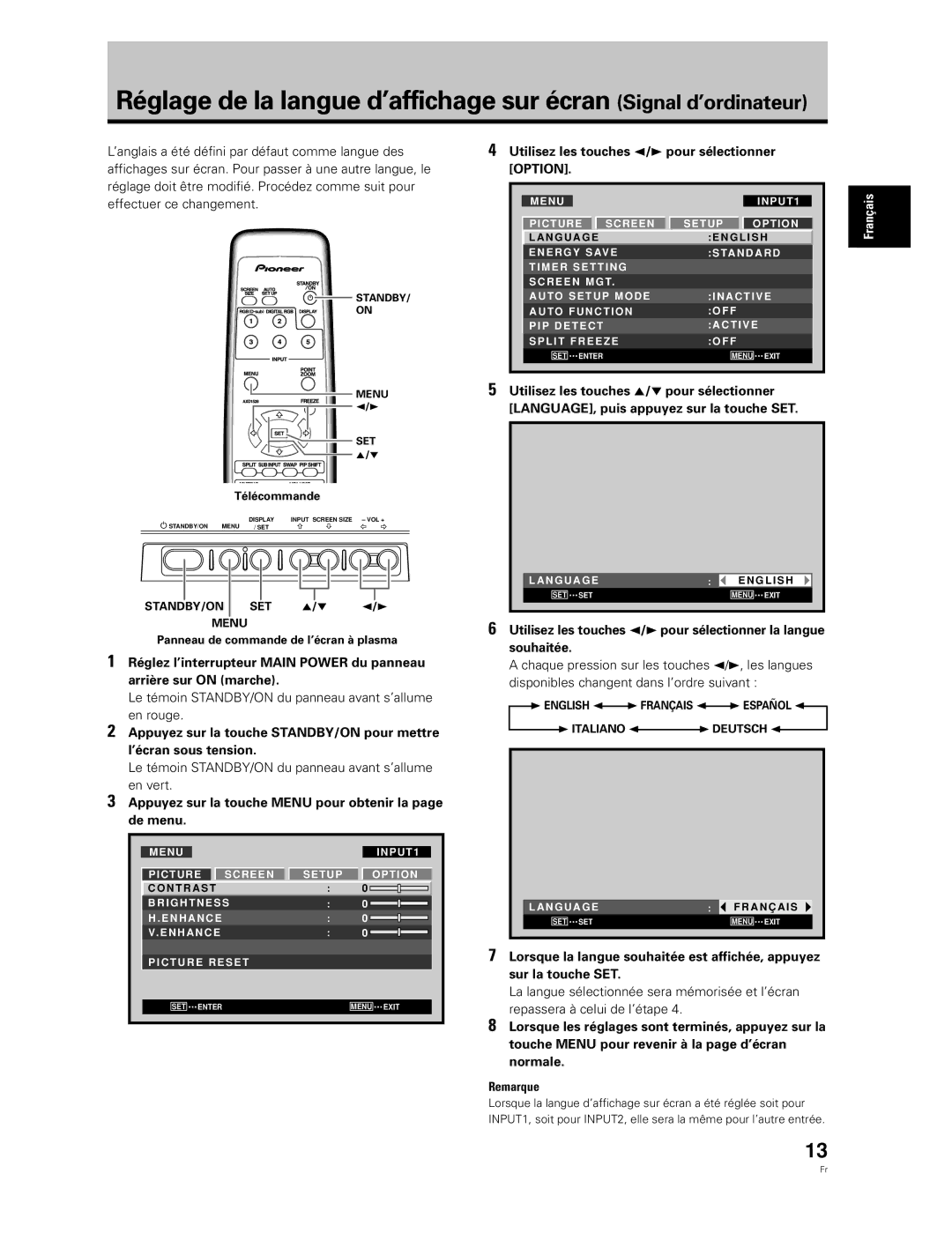 Pioneer PDP-50MXE20-S, PDP-60MXE20 manual Utilisez les touches 2/3 pour sélectionner Option 