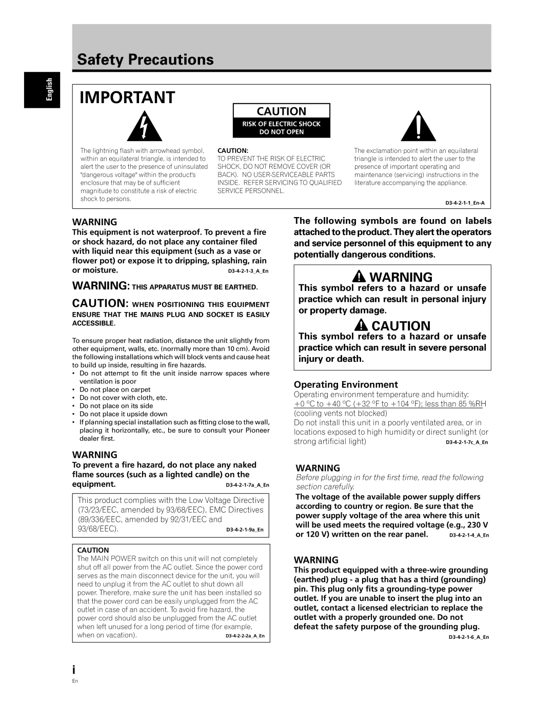 Pioneer PDP-60MXE20, PDP-50MXE20-S manual Safety Precautions, Risk of Electric Shock Do not Open 