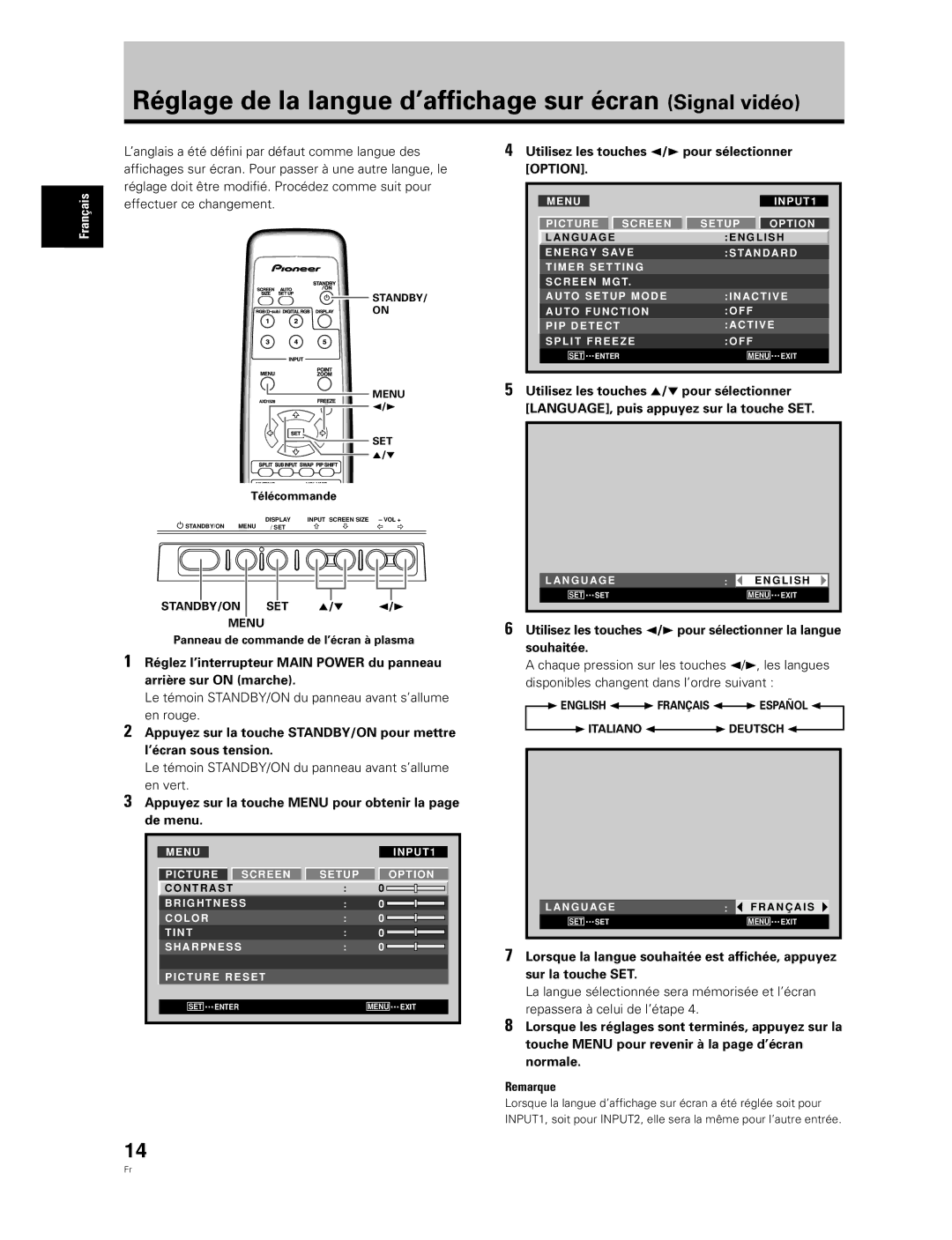 Pioneer PDP-60MXE20, PDP-50MXE20-S manual Réglage de la langue d’affichage sur écran Signal vidéo 