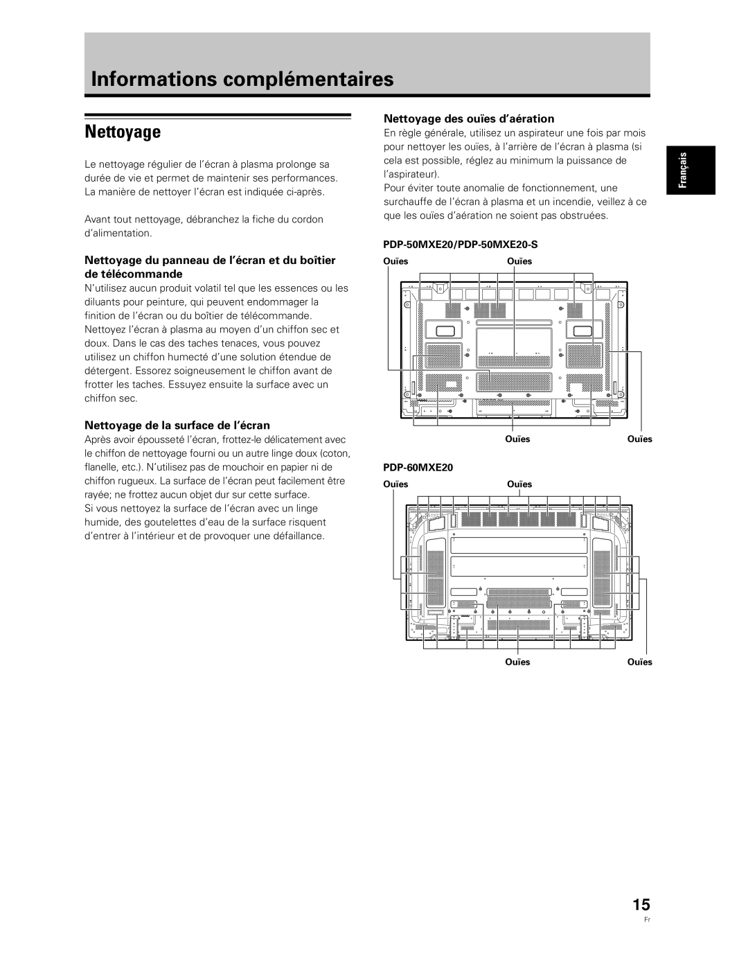 Pioneer PDP-50MXE20 Informations complémentaires, Nettoyage de la surface de l’écran, Nettoyage des ouïes d’aération 